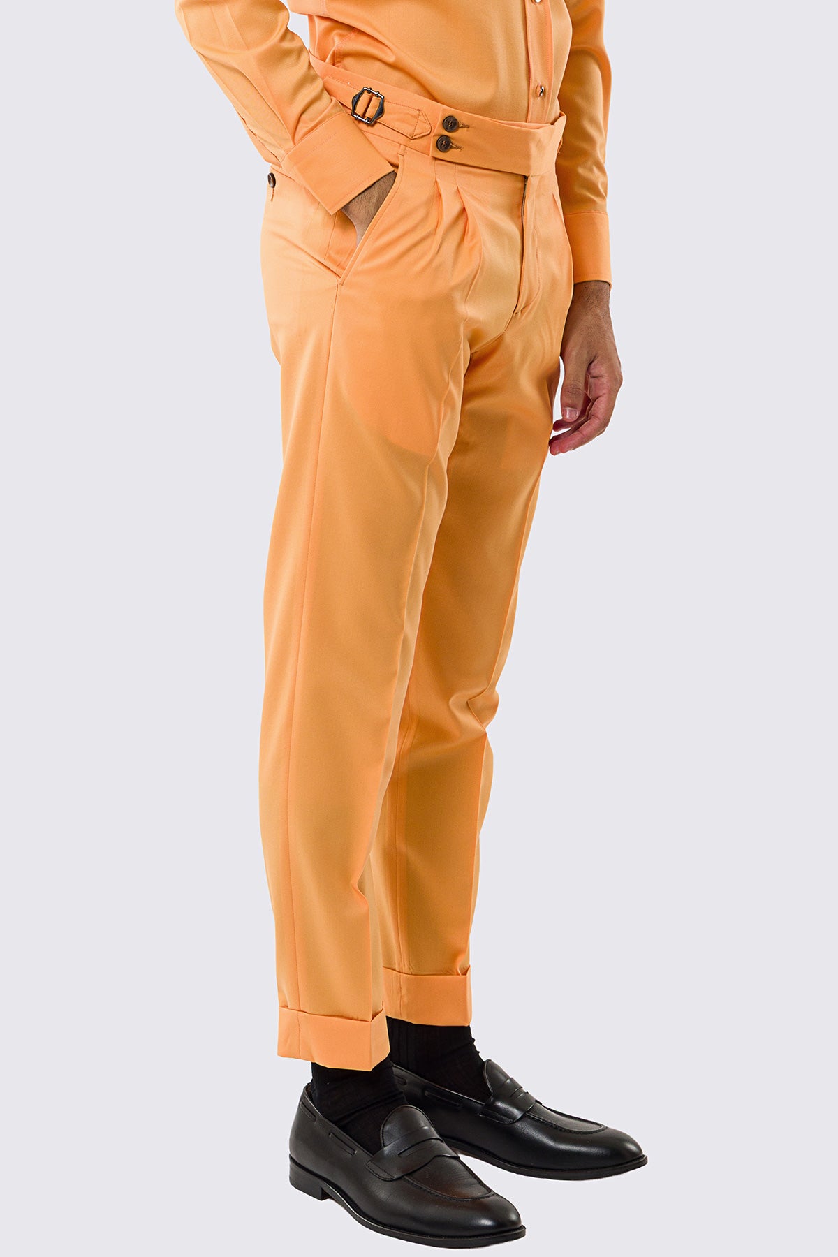 Pantalone uomo arancio vita alta con fibbie laterali tasca america in fresco lana 100% Vitale Barberis Canonico risvolto 5cm