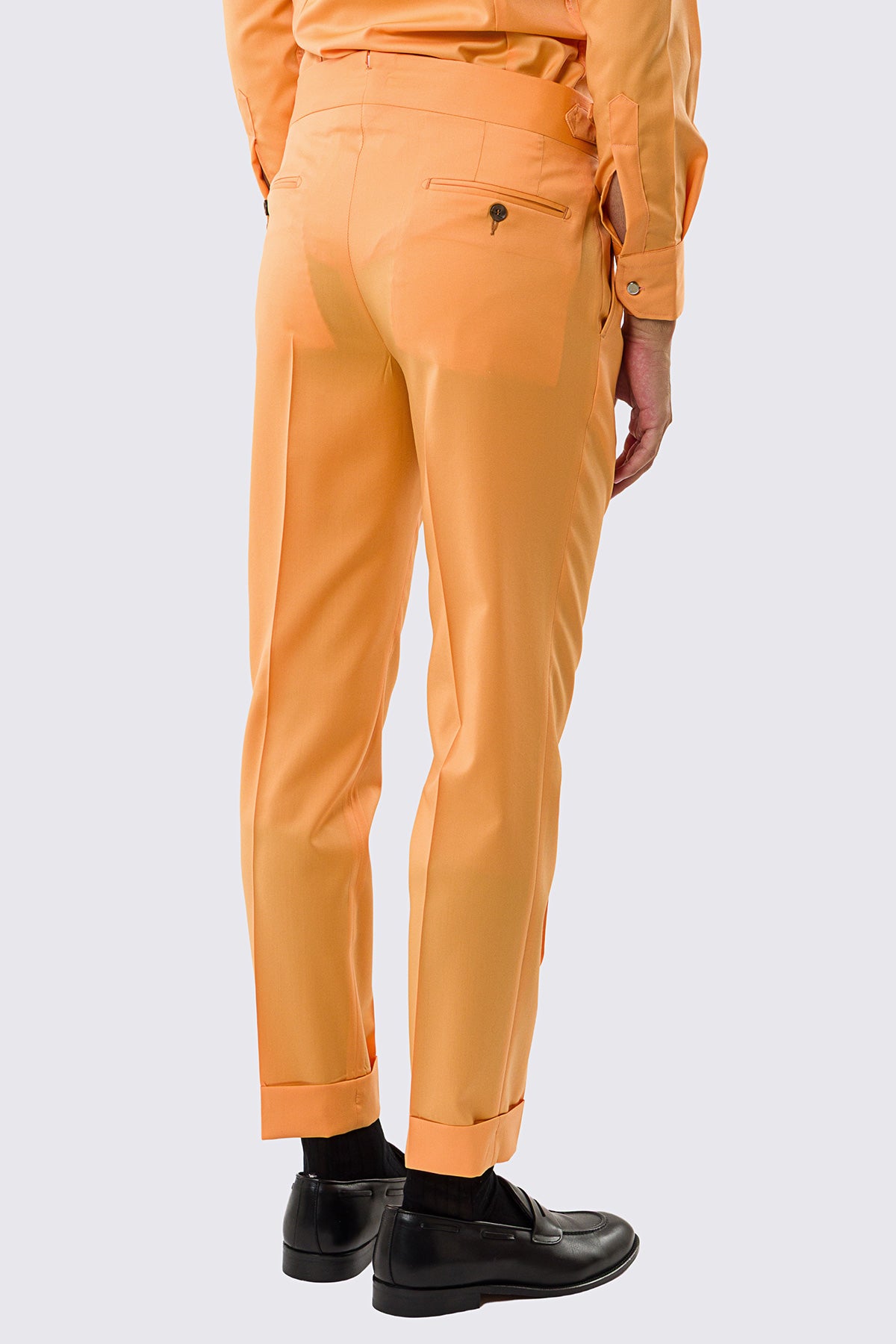 Pantalone uomo arancio vita alta con fibbie laterali tasca america in fresco lana 100% Vitale Barberis Canonico risvolto 5cm