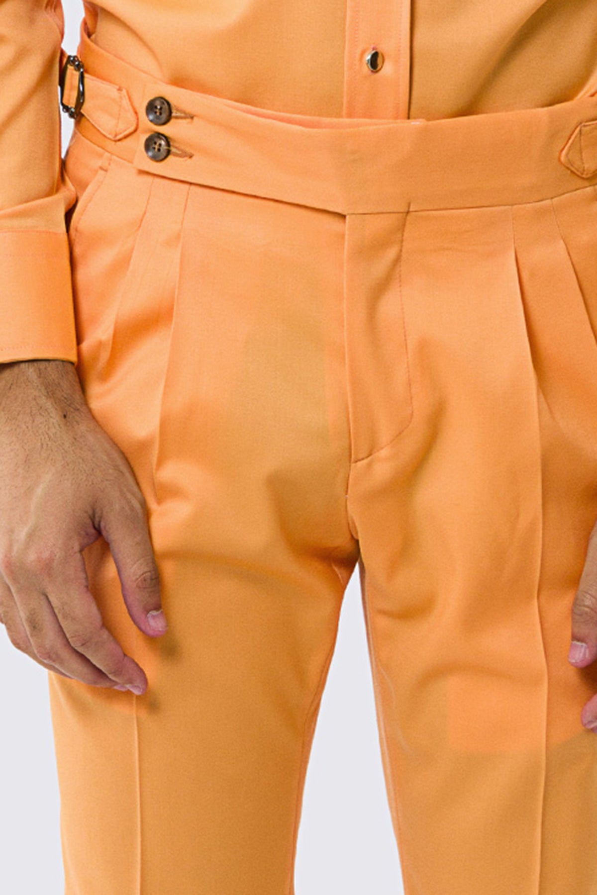 Pantalone uomo arancio vita alta con fibbie laterali tasca america in fresco lana 100% Vitale Barberis Canonico risvolto 5cm
