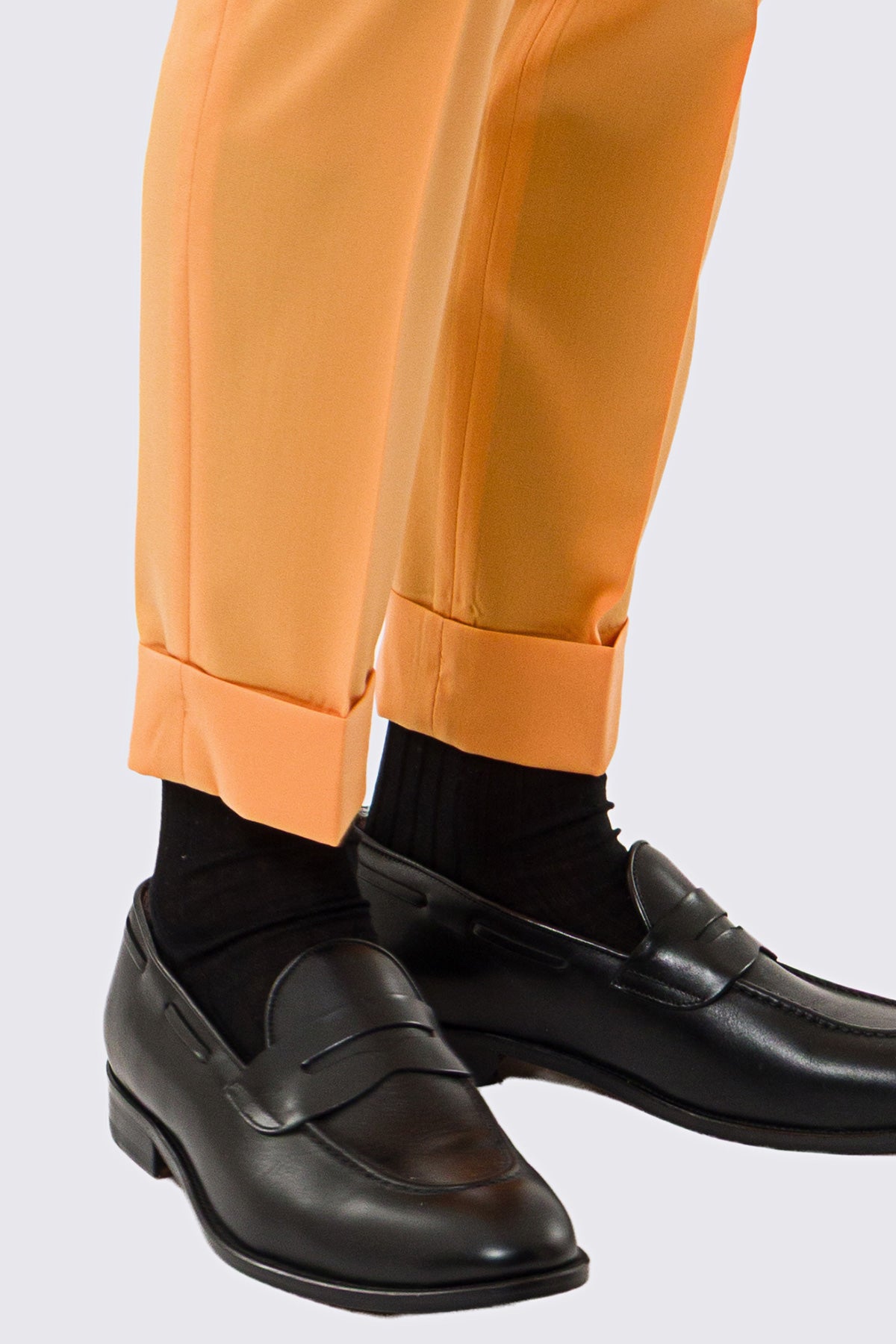 Pantalone uomo arancio vita alta con fibbie laterali tasca america in fresco lana 100% Vitale Barberis Canonico risvolto 5cm