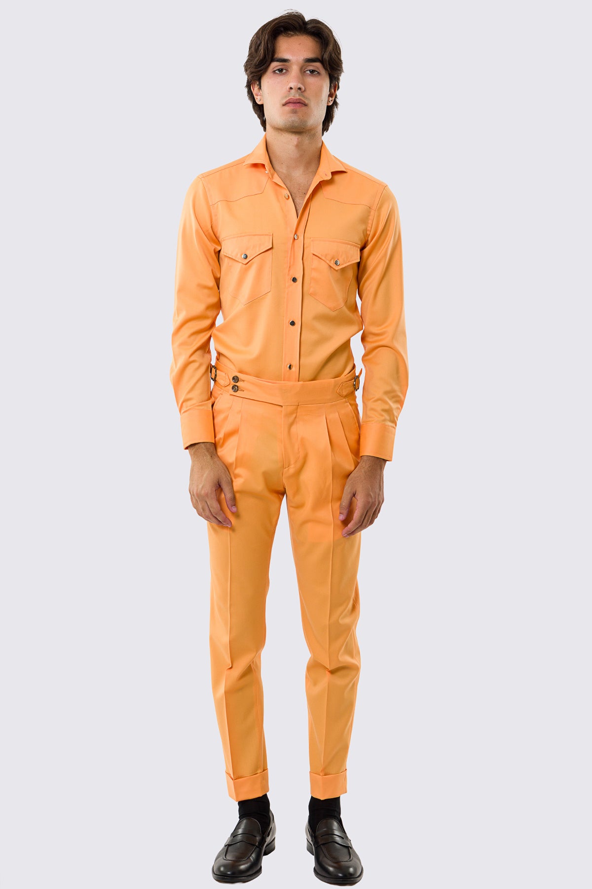 Pantalone uomo arancio vita alta con fibbie laterali tasca america in fresco lana 100% Vitale Barberis Canonico risvolto 5cm