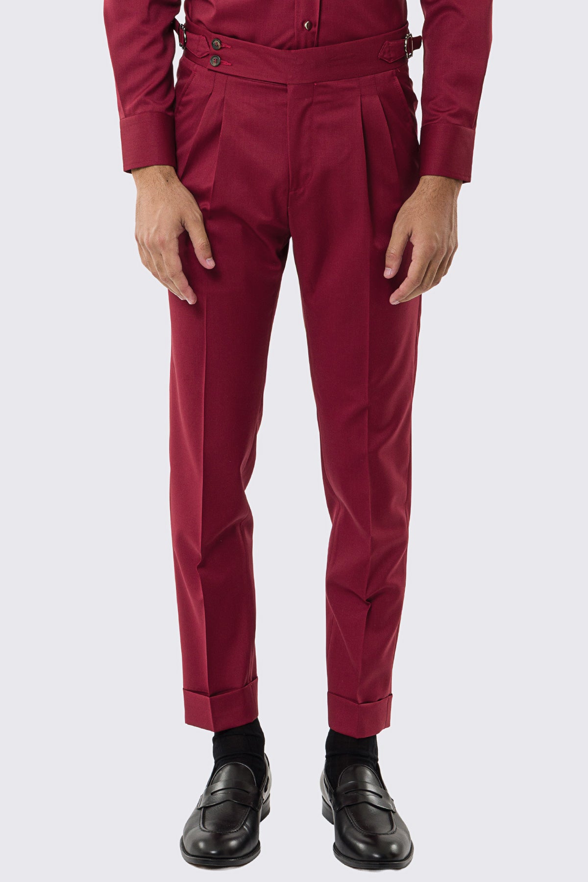 Pantalone uomo rosso vita alta con fibbie laterali tasca america in fresco lana 100% Vitale Barberis Canonico risvolto 5cm