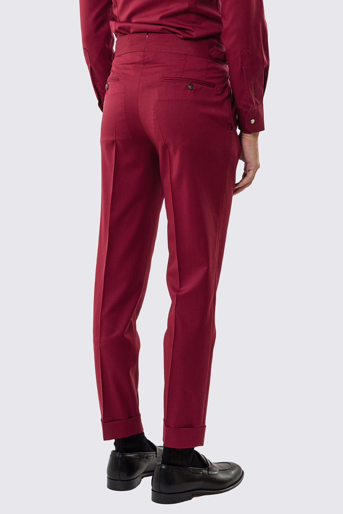 Pantalone uomo rosso vita alta con fibbie laterali tasca america in fresco lana 100% Vitale Barberis Canonico risvolto 5cm