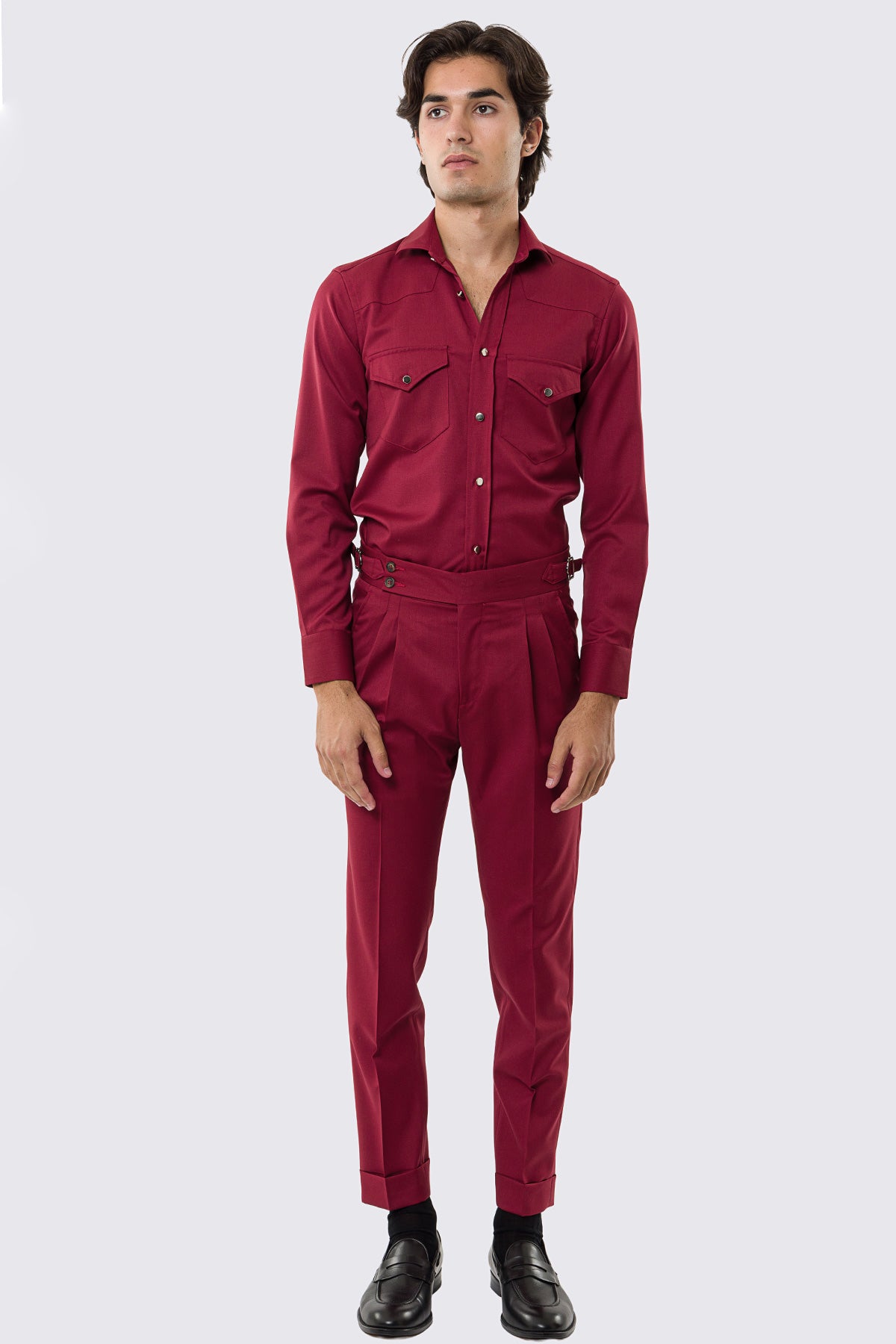Pantalone uomo rosso vita alta con fibbie laterali tasca america in fresco lana 100% Vitale Barberis Canonico risvolto 5cm