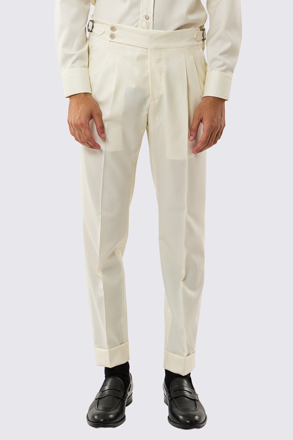 Pantalone uomo Panna vita alta con fibbie laterali tasca america in fresco lana 100% Vitale Barberis Canonico risvolto 5cm