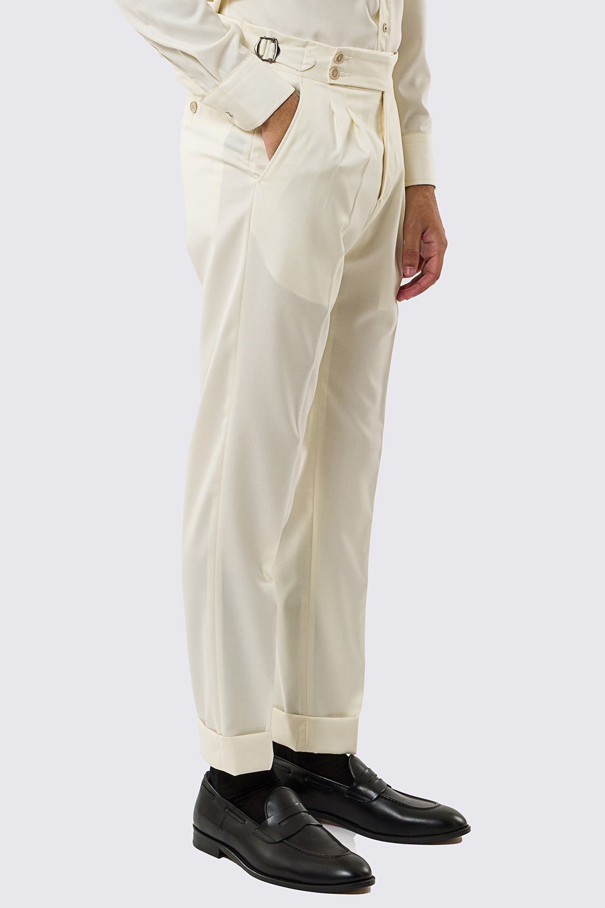 Pantalone uomo Panna vita alta con fibbie laterali tasca america in fresco lana 100% Vitale Barberis Canonico risvolto 5cm