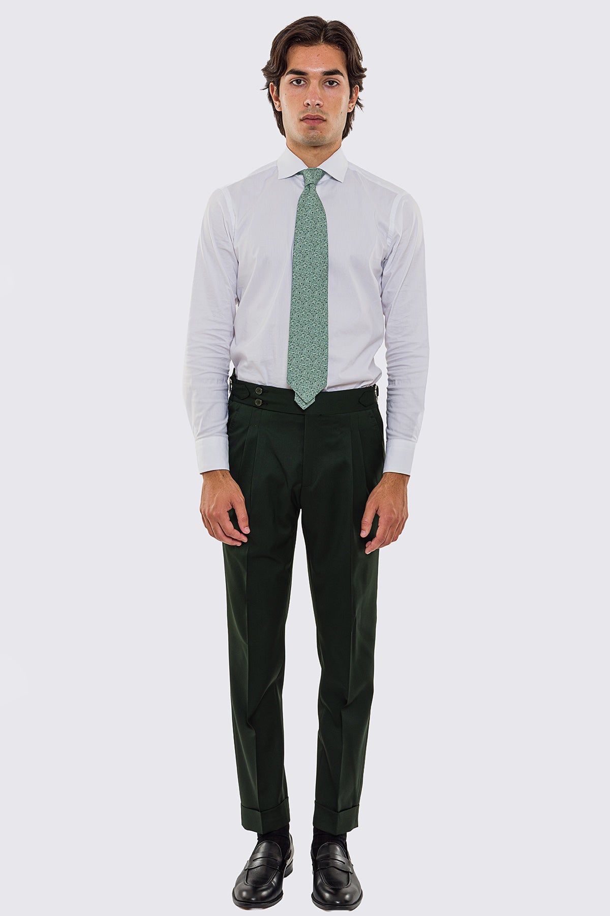Pantalone uomo verde vita alta con fibbie laterali tasca america in fresco lana 100% Vitale Barberis Canonico risvolto 5cm