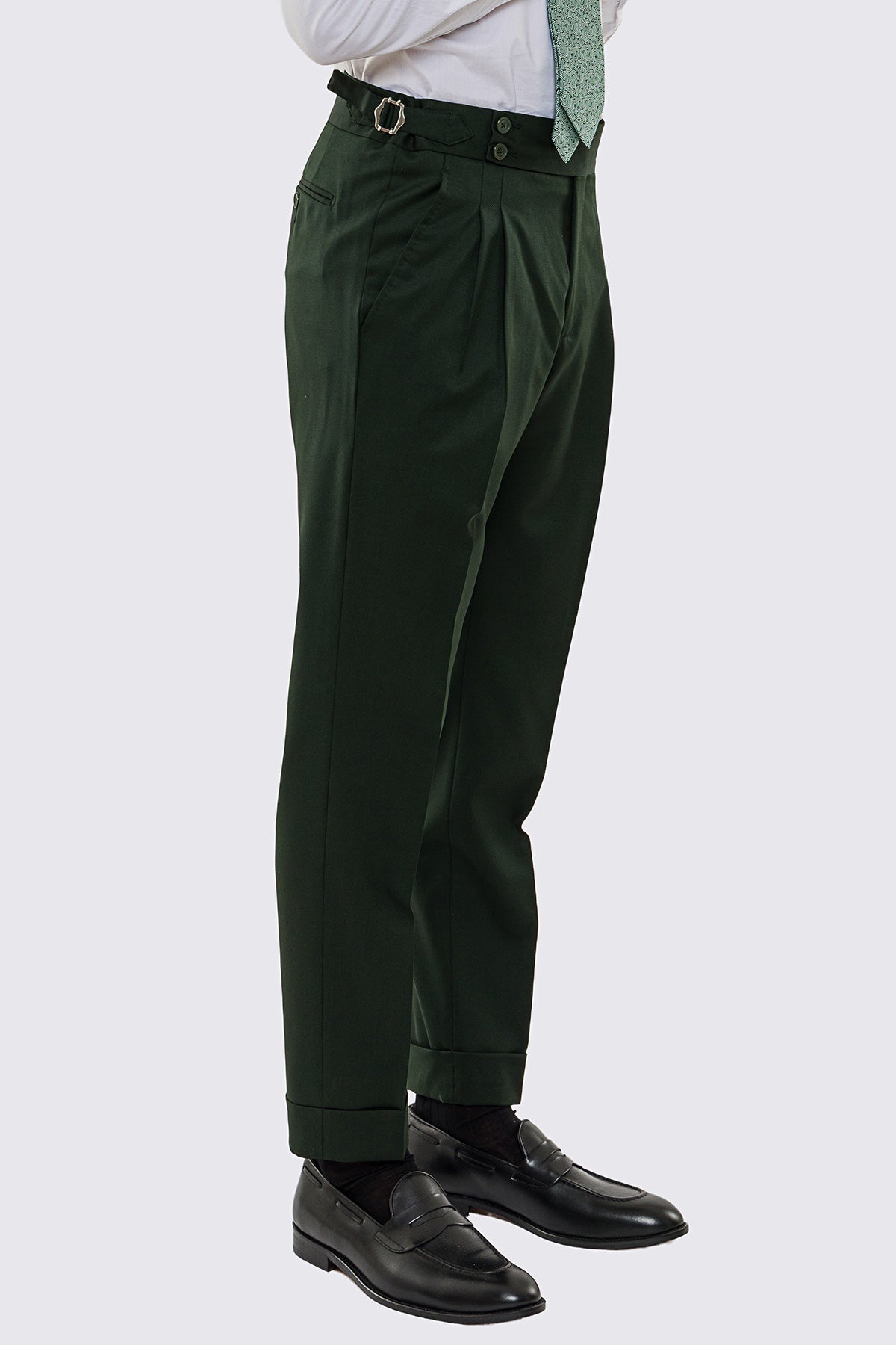 Pantalone uomo verde vita alta con fibbie laterali tasca america in fresco lana 100% Vitale Barberis Canonico risvolto 5cm