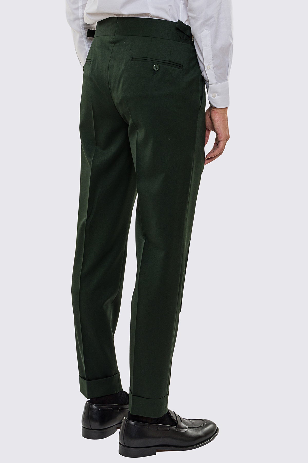 Pantalone uomo verde vita alta con fibbie laterali tasca america in fresco lana 100% Vitale Barberis Canonico risvolto 5cm