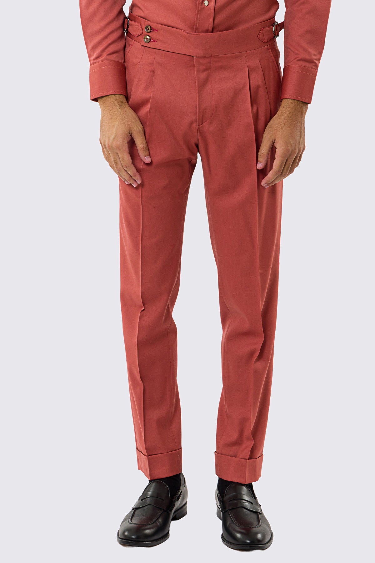 Pantalone uomo corallo vita alta con fibbie laterali tasca america in fresco lana 100% Vitale Barberis Canonico risvolto 5cm