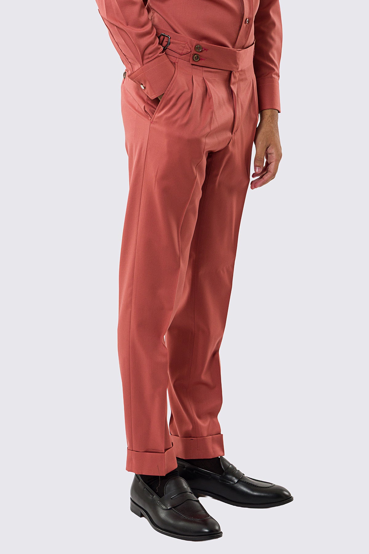 Pantalone uomo corallo vita alta con fibbie laterali tasca america in fresco lana 100% Vitale Barberis Canonico risvolto 5cm