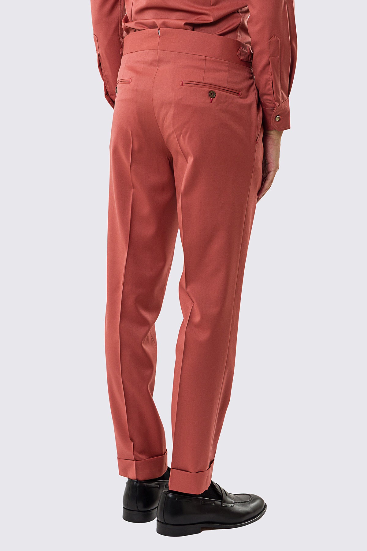 Pantalone uomo corallo vita alta con fibbie laterali tasca america in fresco lana 100% Vitale Barberis Canonico risvolto 5cm