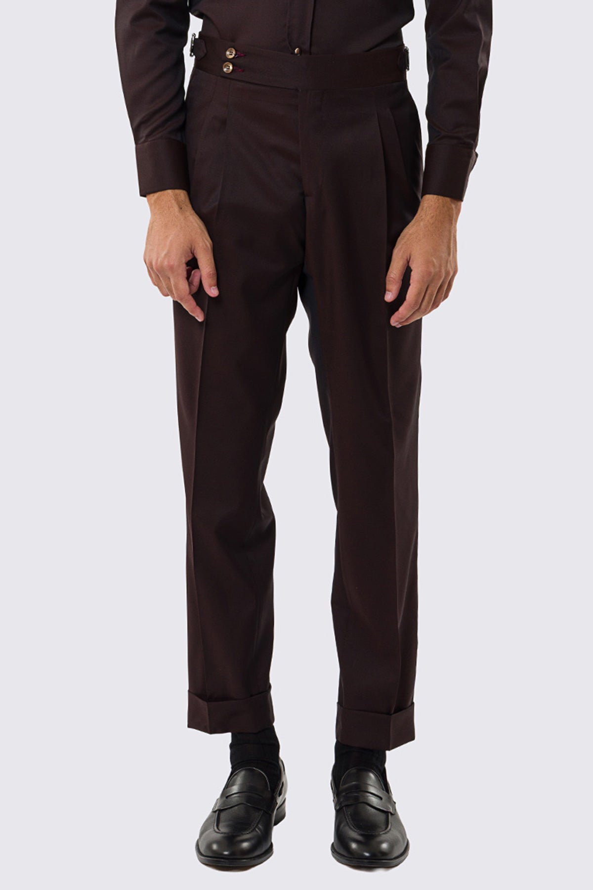 Pantalone uomo marrone vita alta con fibbie laterali tasca america in fresco lana 100% Vitale Barberis Canonico risvolto 5cm