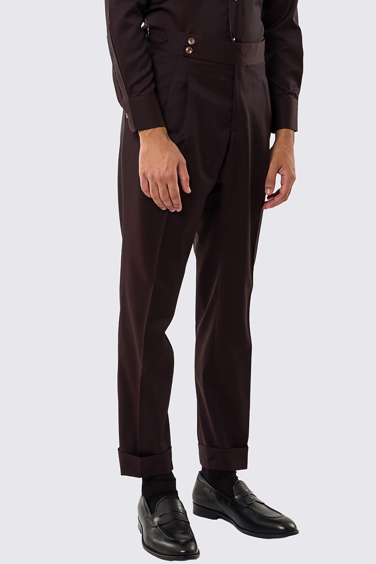 Pantalone uomo marrone vita alta con fibbie laterali tasca america in fresco lana 100% Vitale Barberis Canonico risvolto 5cm