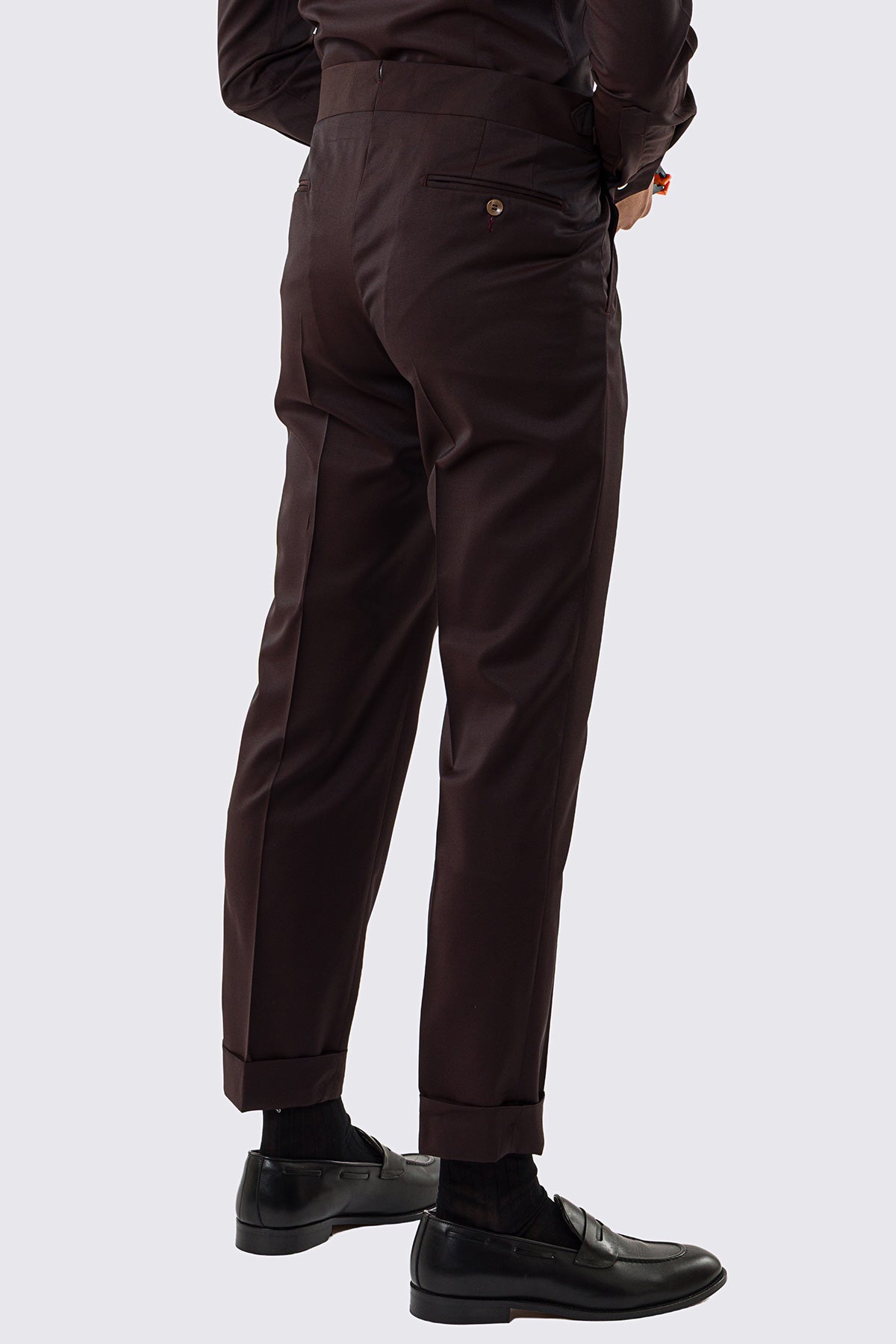 Pantalone uomo marrone vita alta con fibbie laterali tasca america in fresco lana 100% Vitale Barberis Canonico risvolto 5cm