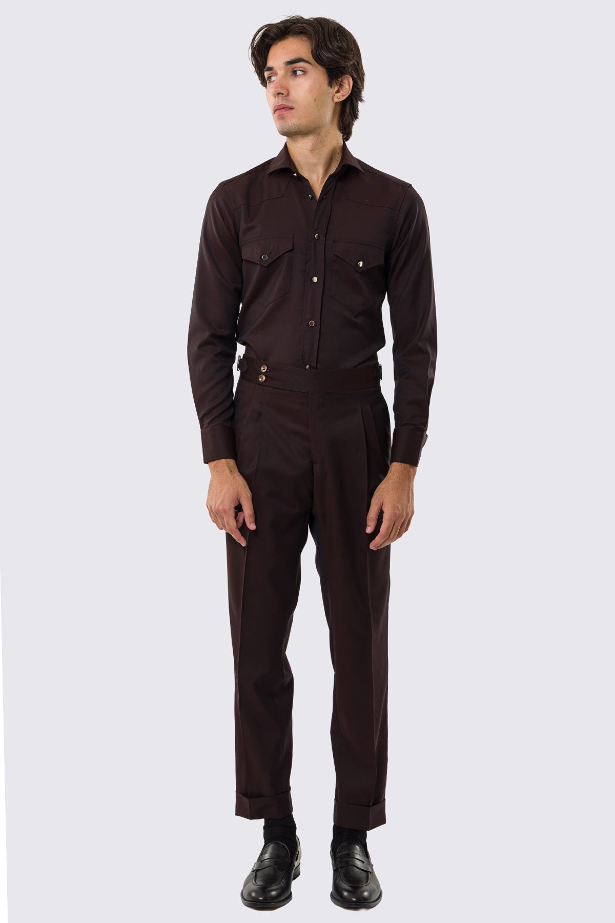 Pantalone uomo marrone vita alta con fibbie laterali tasca america in fresco lana 100% Vitale Barberis Canonico risvolto 5cm
