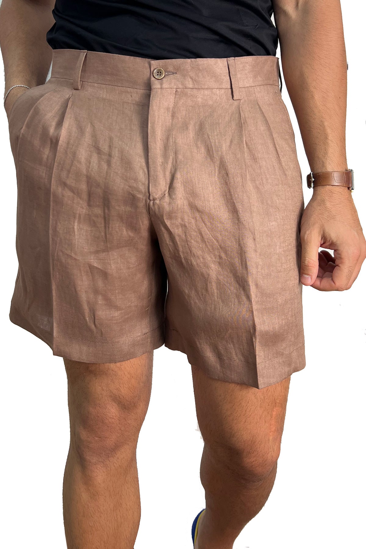 Bermuda uomo panna con doppia pinces vestibilità Regolare tasca america 100% Lino tinta unita made in italy