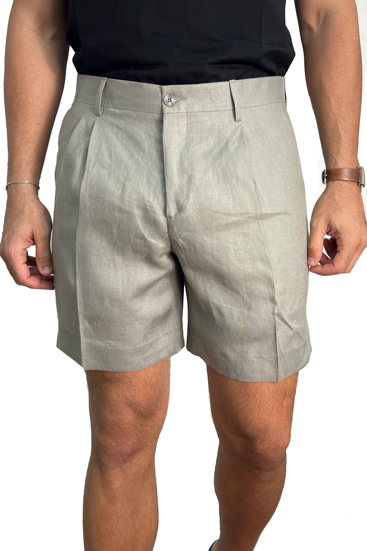 Bermuda uomo verde militare con doppia pinces vestibilità Regolare tasca america 100% Lino tinta unita made in italy