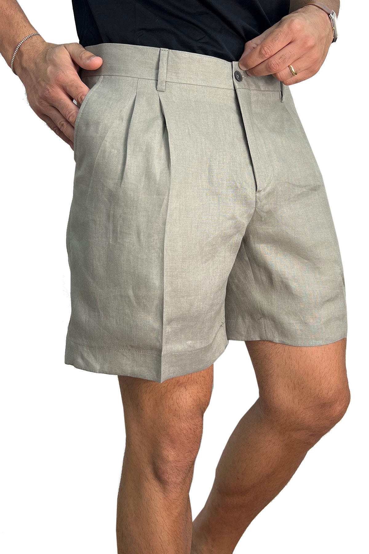Bermuda uomo verde militare con doppia pinces vestibilità Regolare tasca america 100% Lino tinta unita made in italy