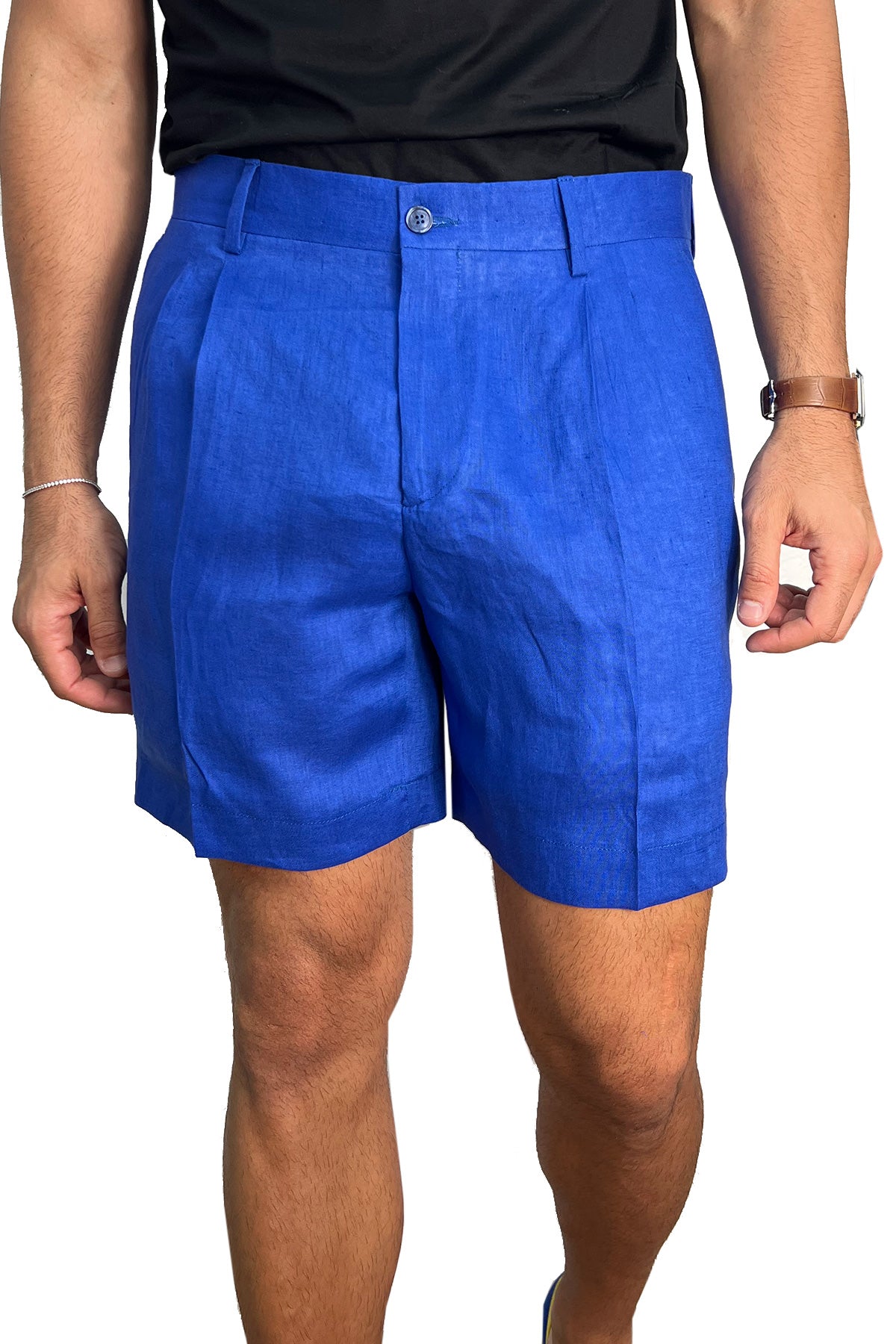 Bermuda uomo royal blu con doppia pinces vestibilità Regolare tasca america 100% Lino tinta unita made in italy