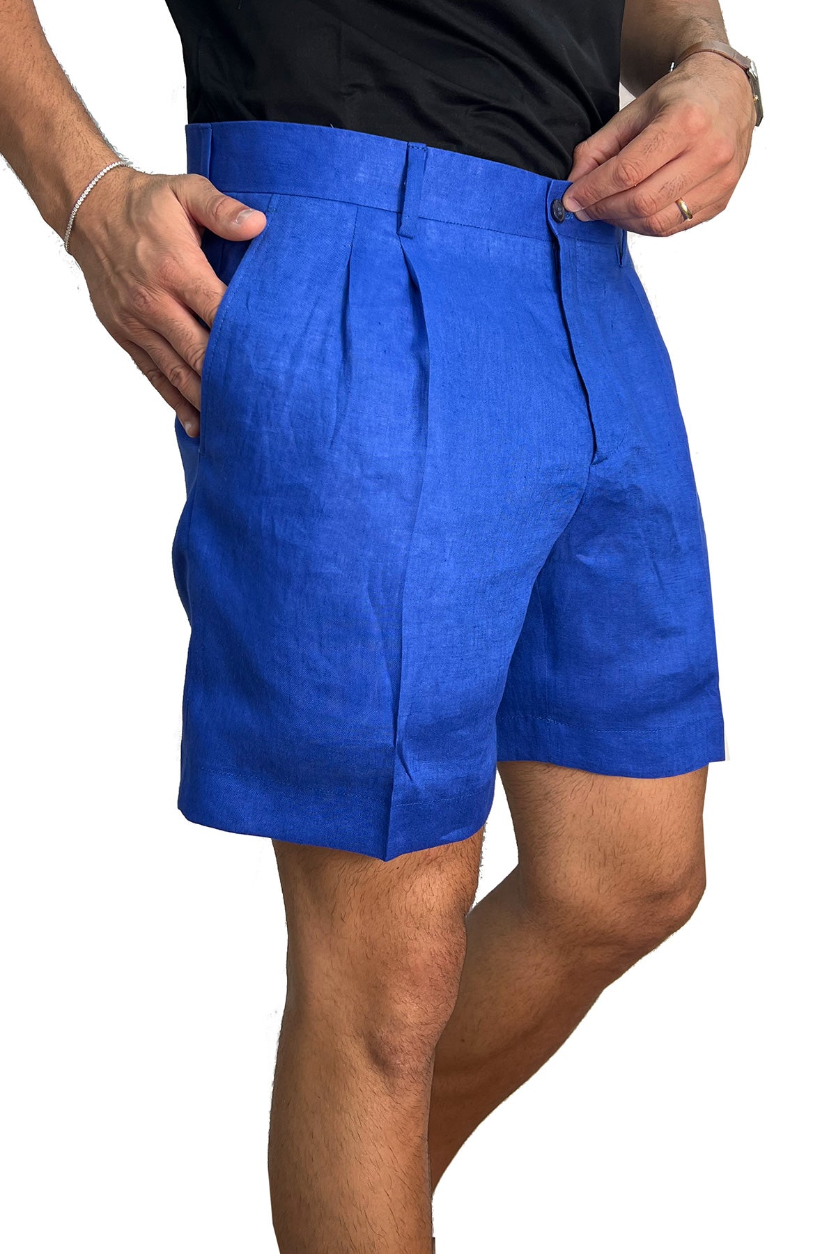 Bermuda uomo royal blu con doppia pinces vestibilità Regolare tasca america 100% Lino tinta unita made in italy