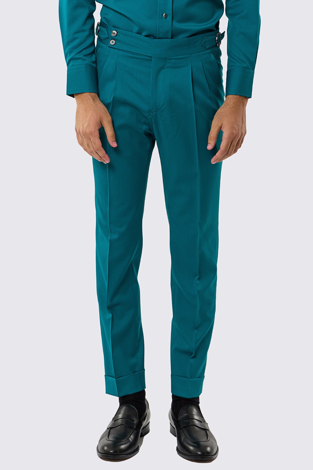 Pantalone uomo verde petrolio vita alta con fibbie laterali regolabili fresco lana Vitale Barberis Super 130's tasca america risvolto 5cm