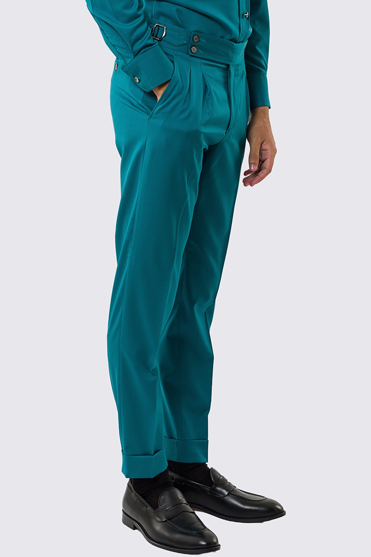 Pantalone uomo verde petrolio vita alta con fibbie laterali regolabili fresco lana Vitale Barberis Super 130's tasca america risvolto 5cm