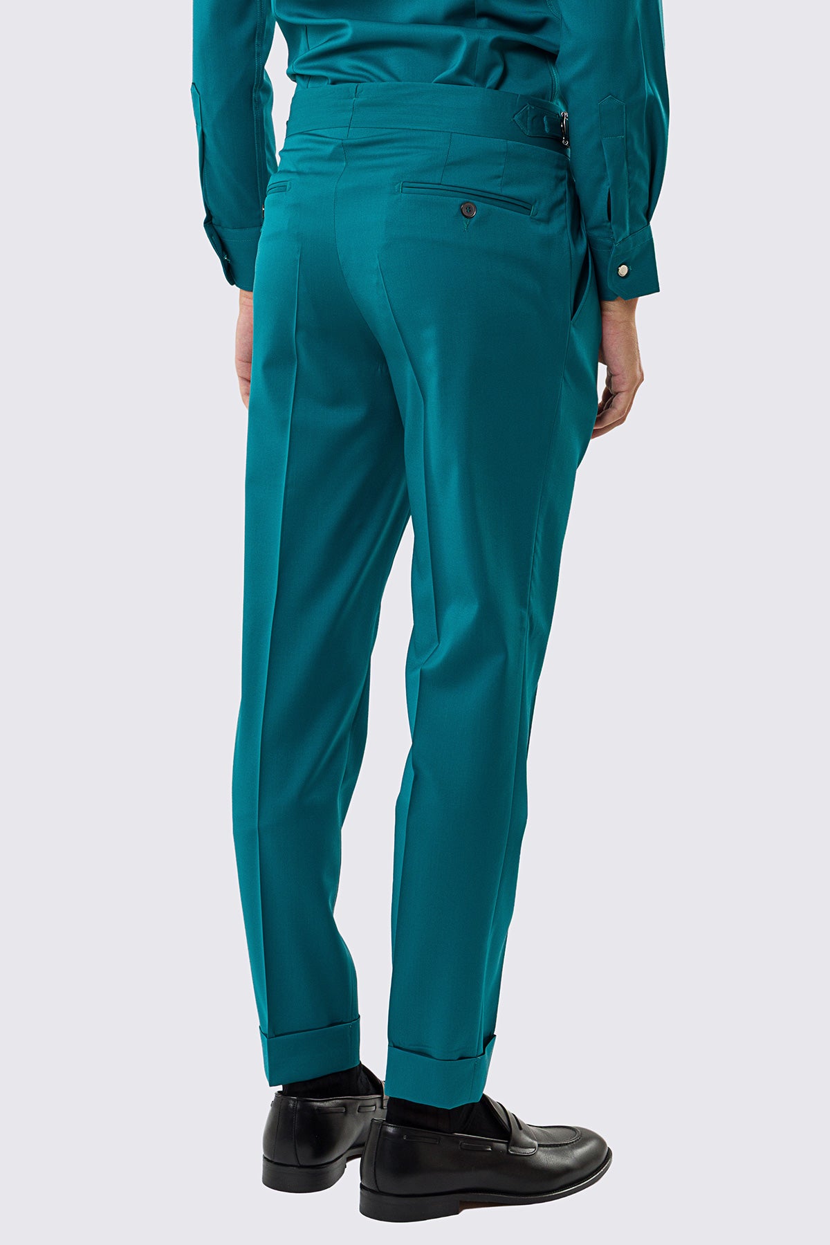 Pantalone uomo verde petrolio vita alta con fibbie laterali regolabili fresco lana Vitale Barberis Super 130's tasca america risvolto 5cm
