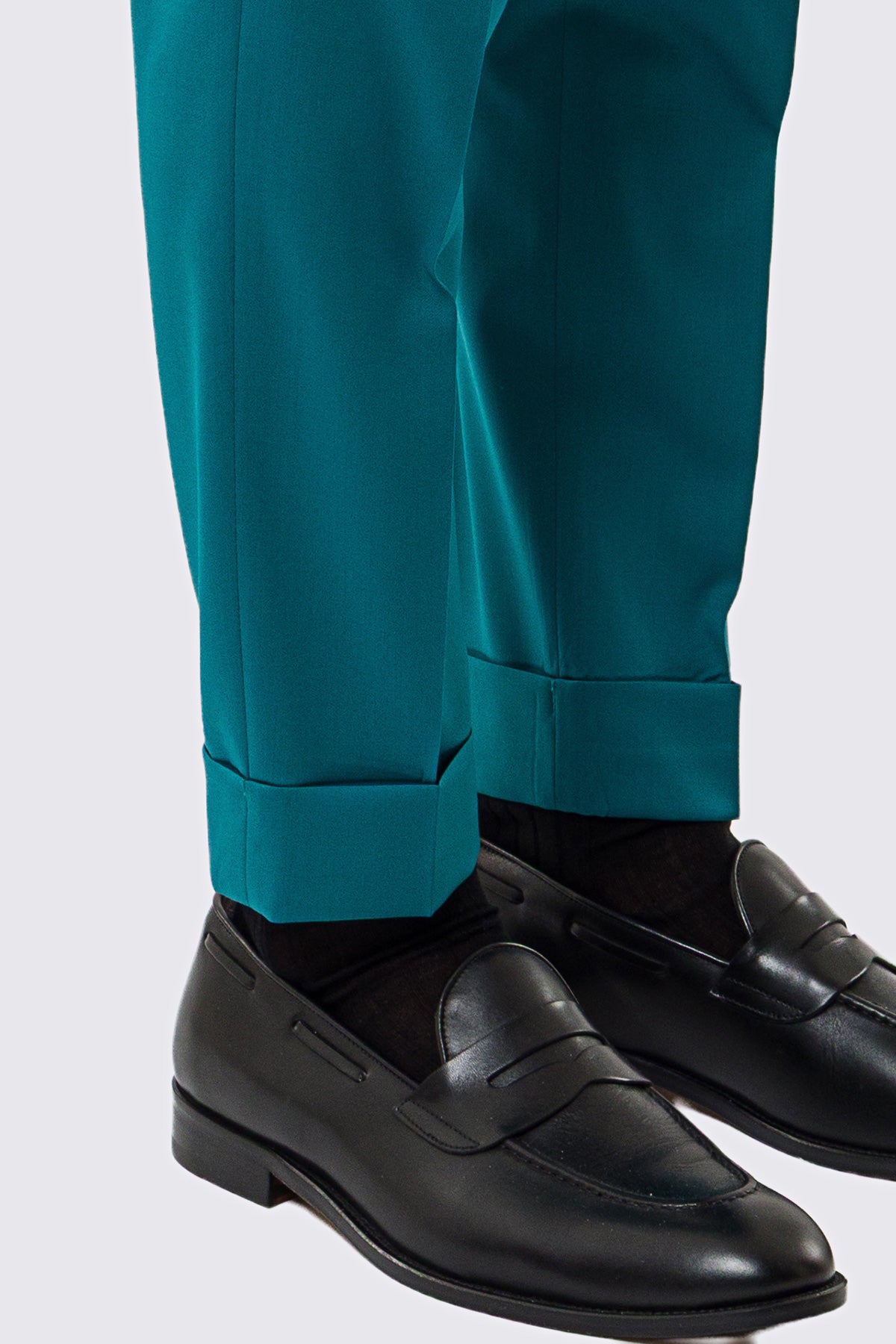 Pantalone uomo verde petrolio vita alta con fibbie laterali regolabili fresco lana Vitale Barberis Super 130's tasca america risvolto 5cm