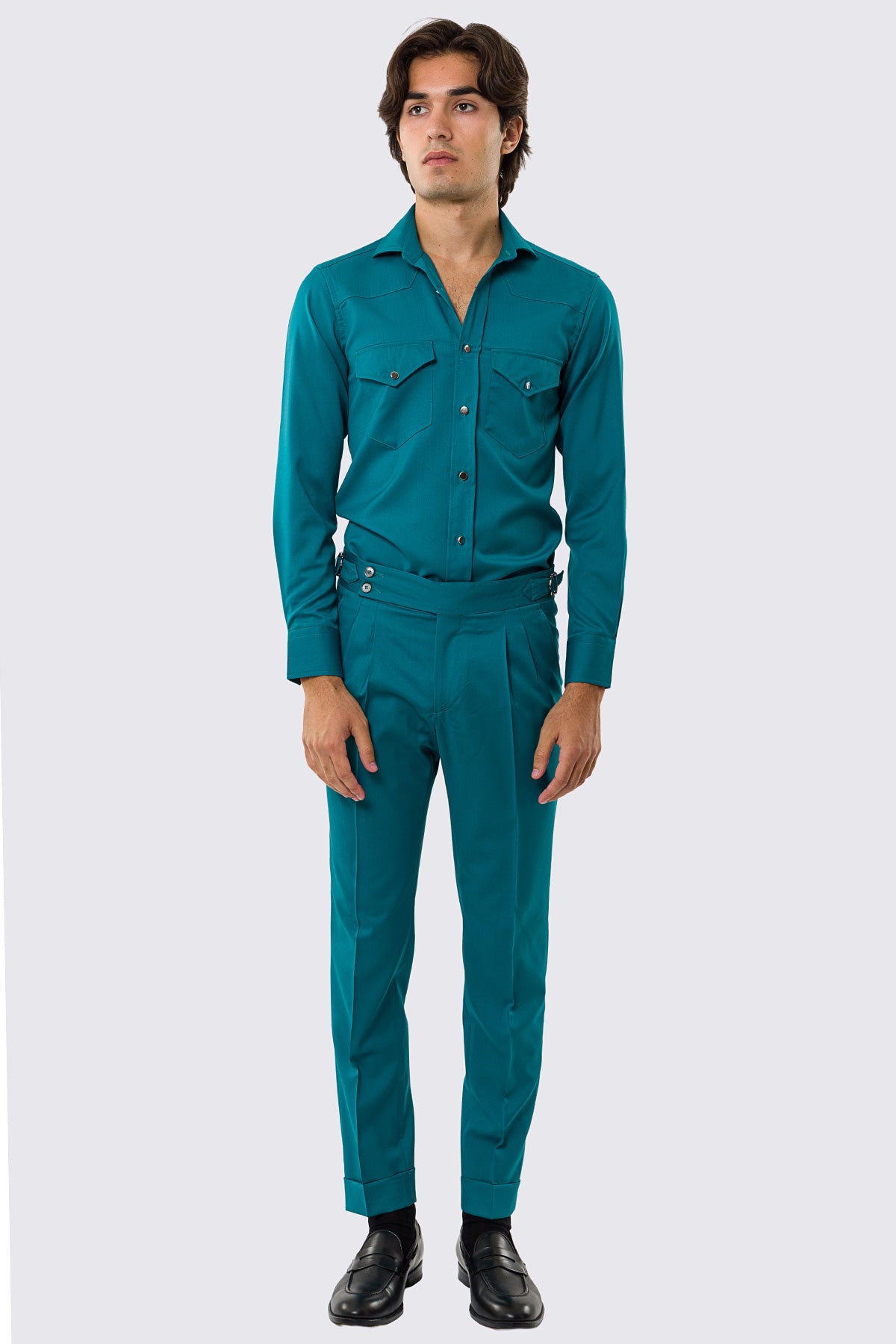 Pantalone uomo verde petrolio vita alta con fibbie laterali regolabili fresco lana Vitale Barberis Super 130's tasca america risvolto 5cm