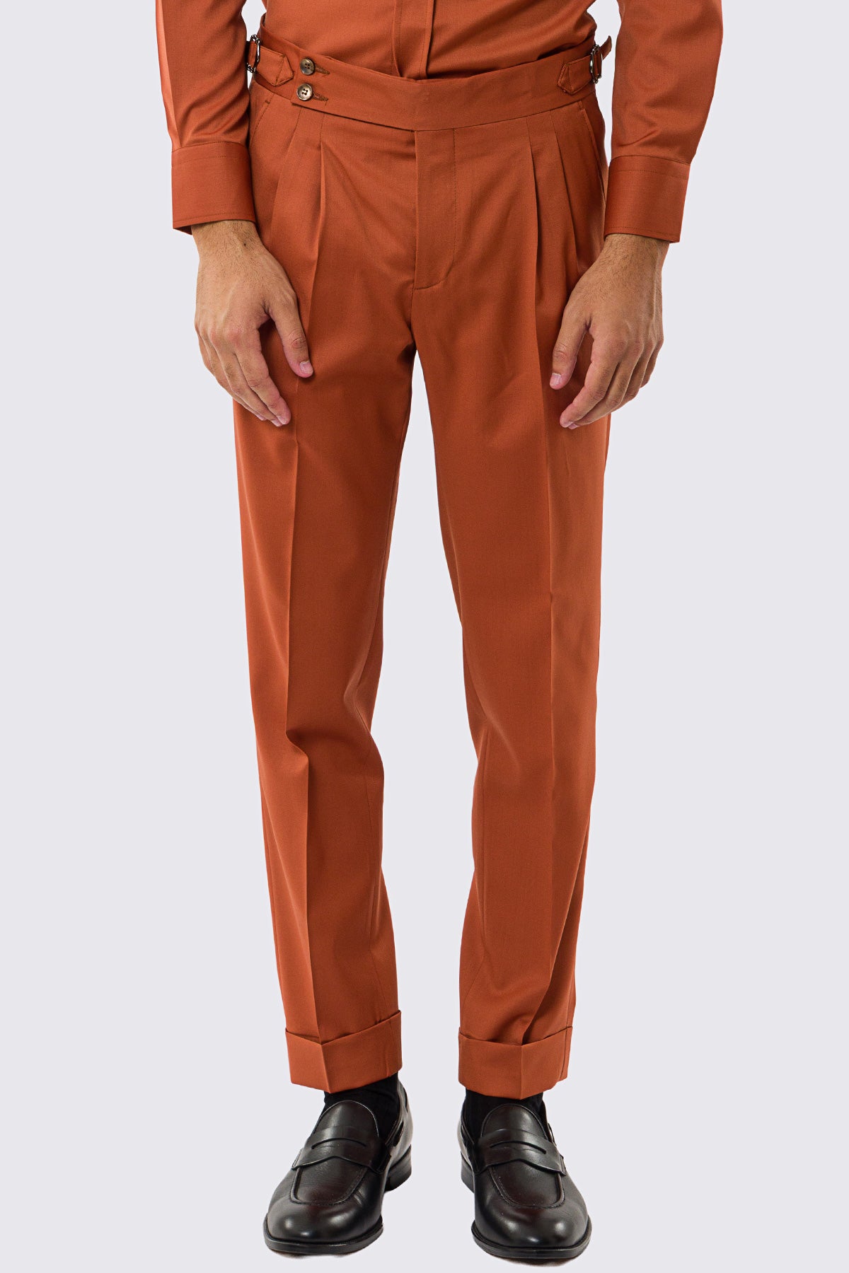 Pantalone uomo coccio vita alta fresco lana Vitale Barberis super 130's tasca america con doppia pence e fibbie laterali regolabili risvolto 5cm