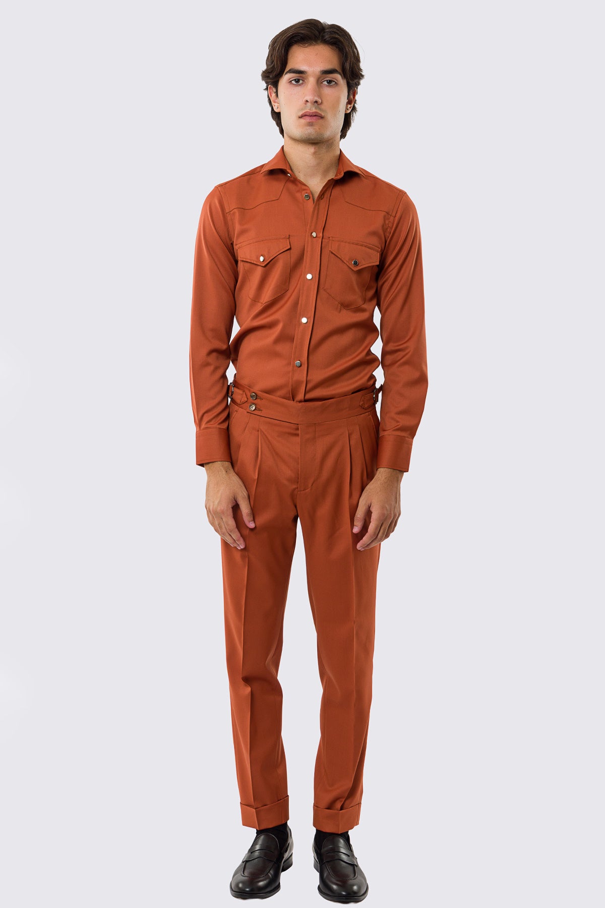 Pantalone uomo coccio vita alta fresco lana Vitale Barberis super 130's tasca america con doppia pence e fibbie laterali regolabili risvolto 5cm