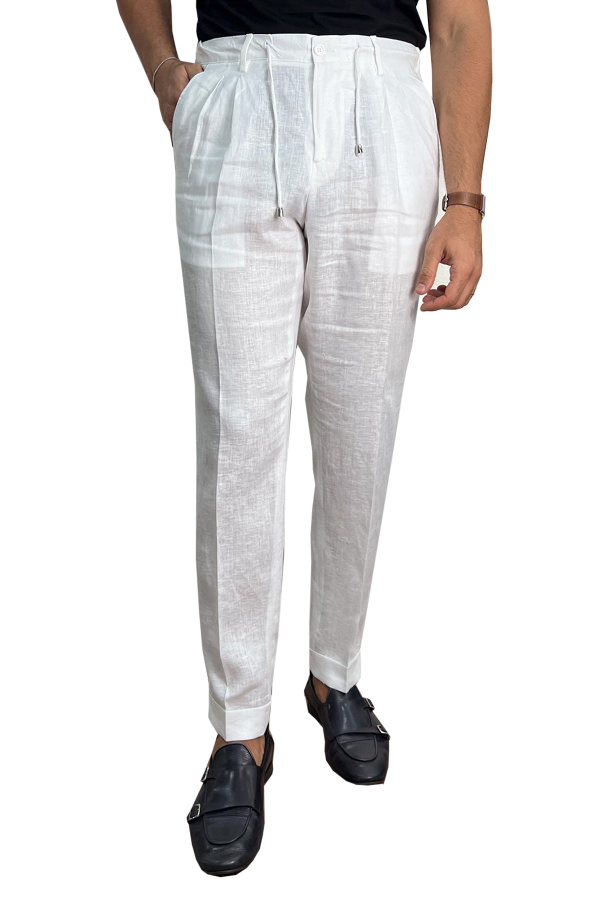 Pantalaccio uomo bianco in lino 100% made in italy tasca america con doppia pence e laccio in vita risvolto 5cm