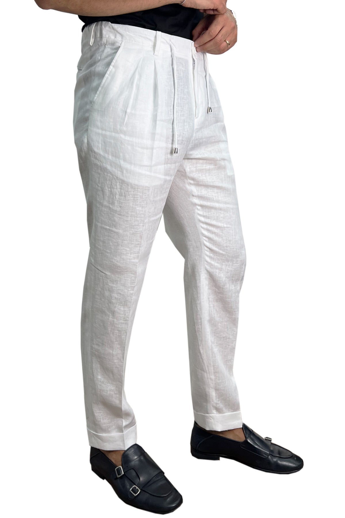Pantalaccio uomo bianco in lino 100% made in italy tasca america con doppia pence e laccio in vita risvolto 5cm