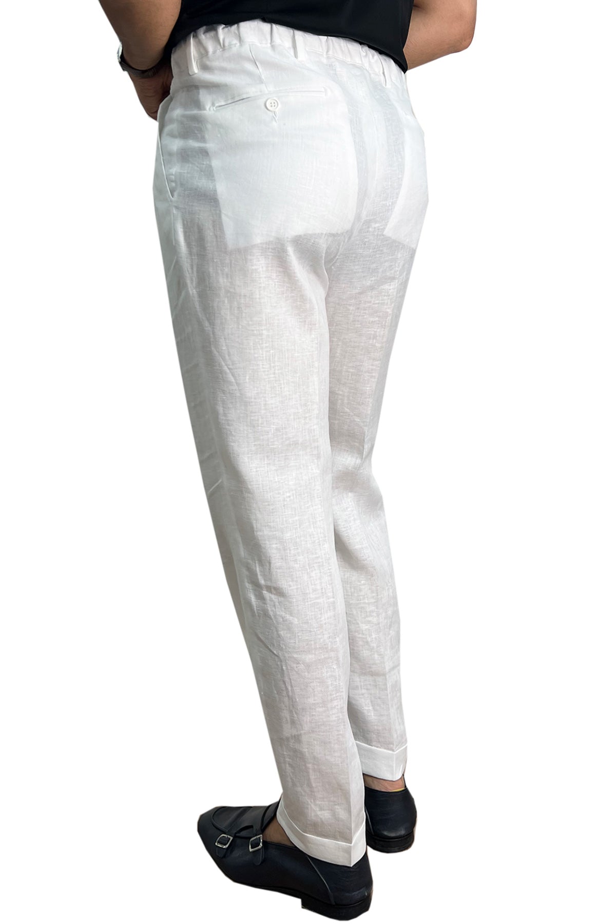 Pantalaccio uomo bianco in lino 100% made in italy tasca america con doppia pence e laccio in vita risvolto 5cm