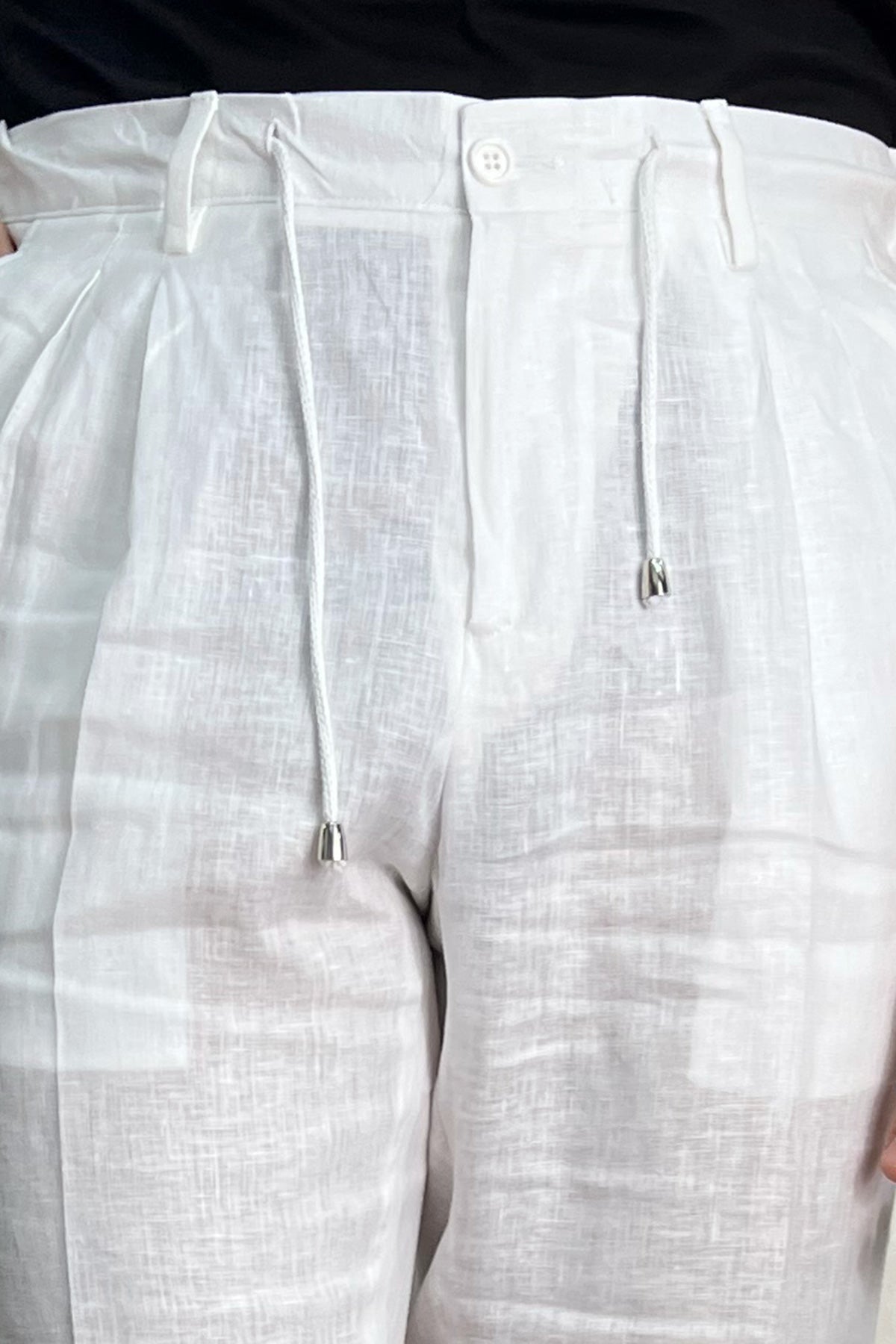 Pantalaccio uomo bianco in lino 100% made in italy tasca america con doppia pence e laccio in vita risvolto 5cm