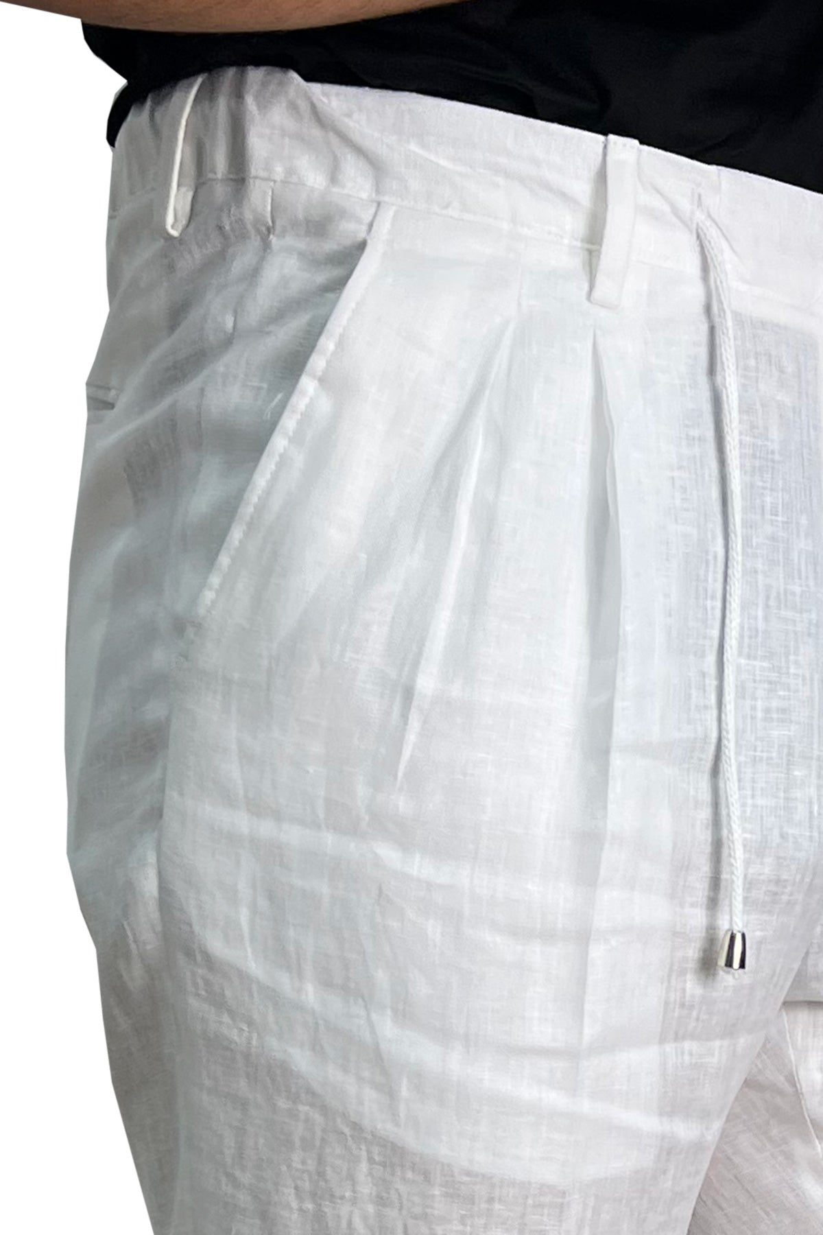 Pantalaccio uomo bianco in lino 100% made in italy tasca america con doppia pence e laccio in vita risvolto 5cm