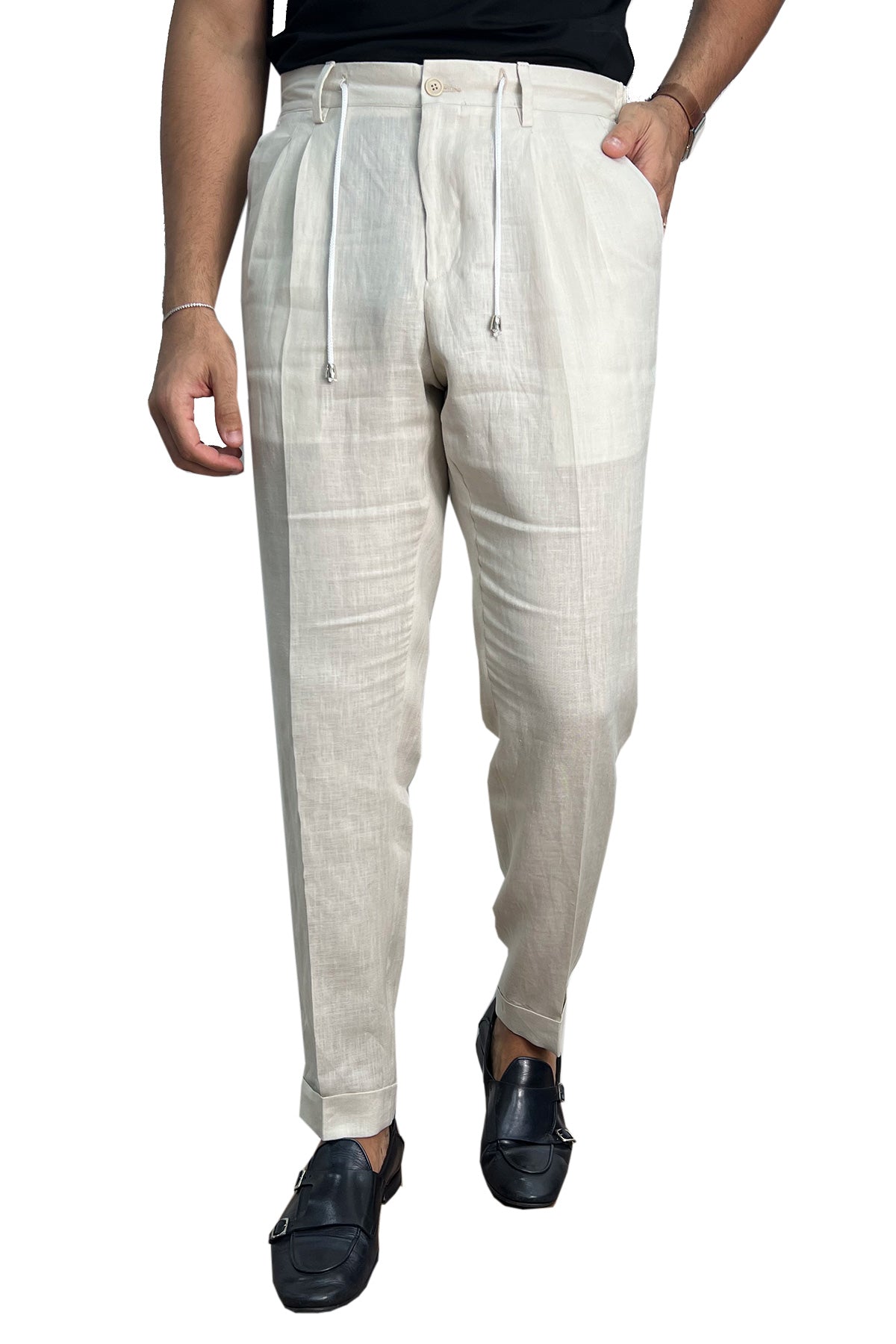 Pantalaccio uomo beige in lino 100% made in italy tasca america con doppia pence e laccio in vita risvolto 5cm