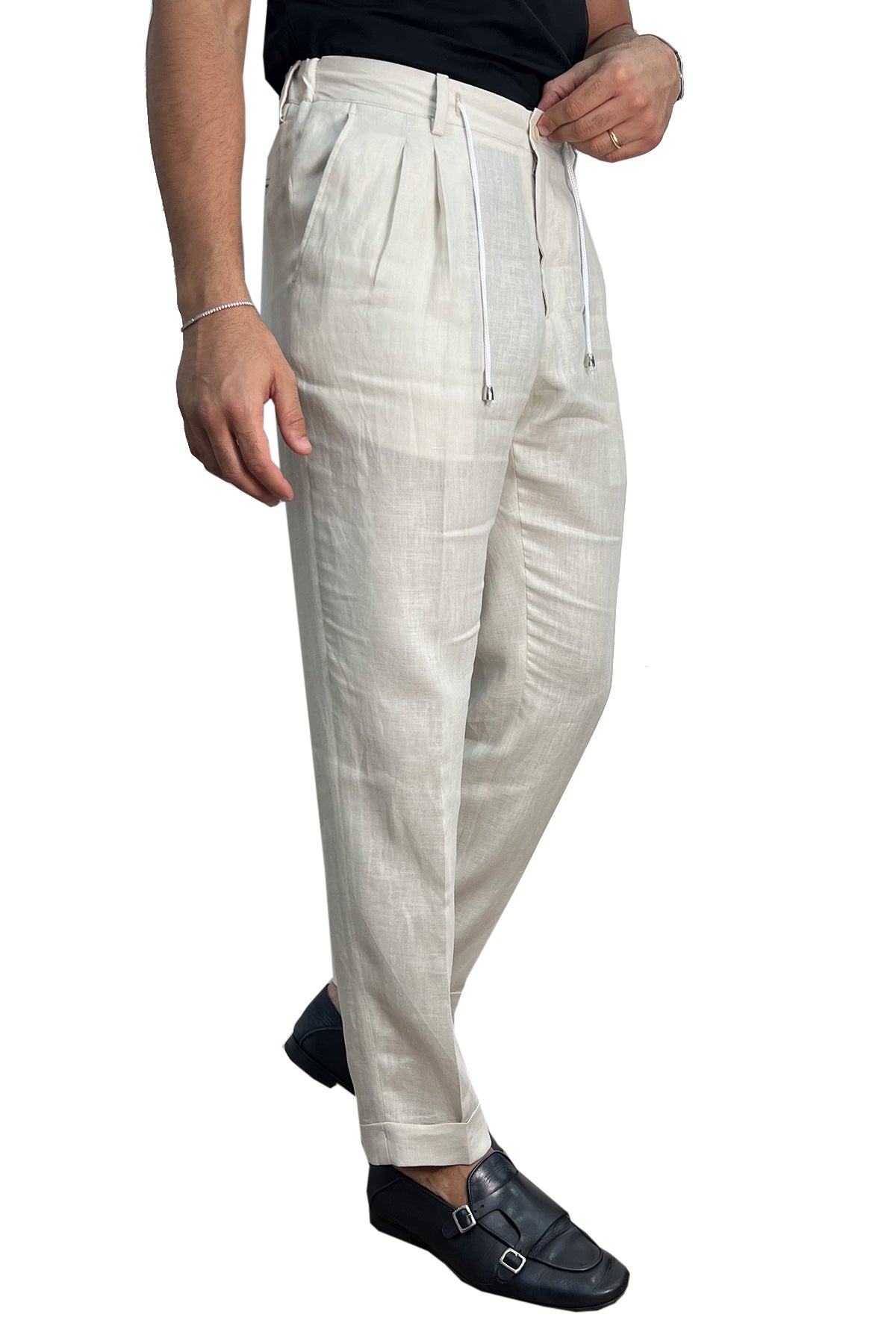 Pantalaccio uomo beige in lino 100% made in italy tasca america con doppia pence e laccio in vita risvolto 5cm