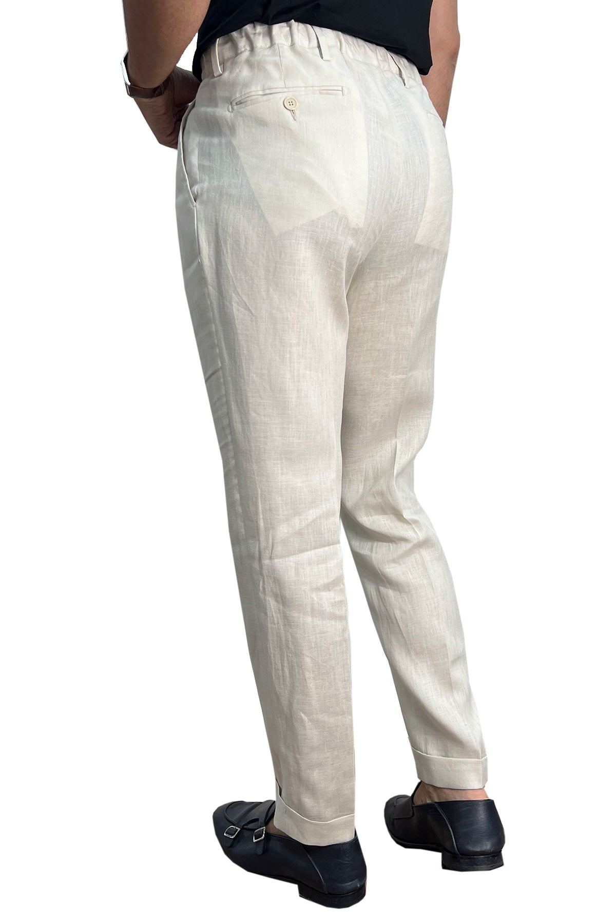Pantalaccio uomo beige in lino 100% made in italy tasca america con doppia pence e laccio in vita risvolto 5cm