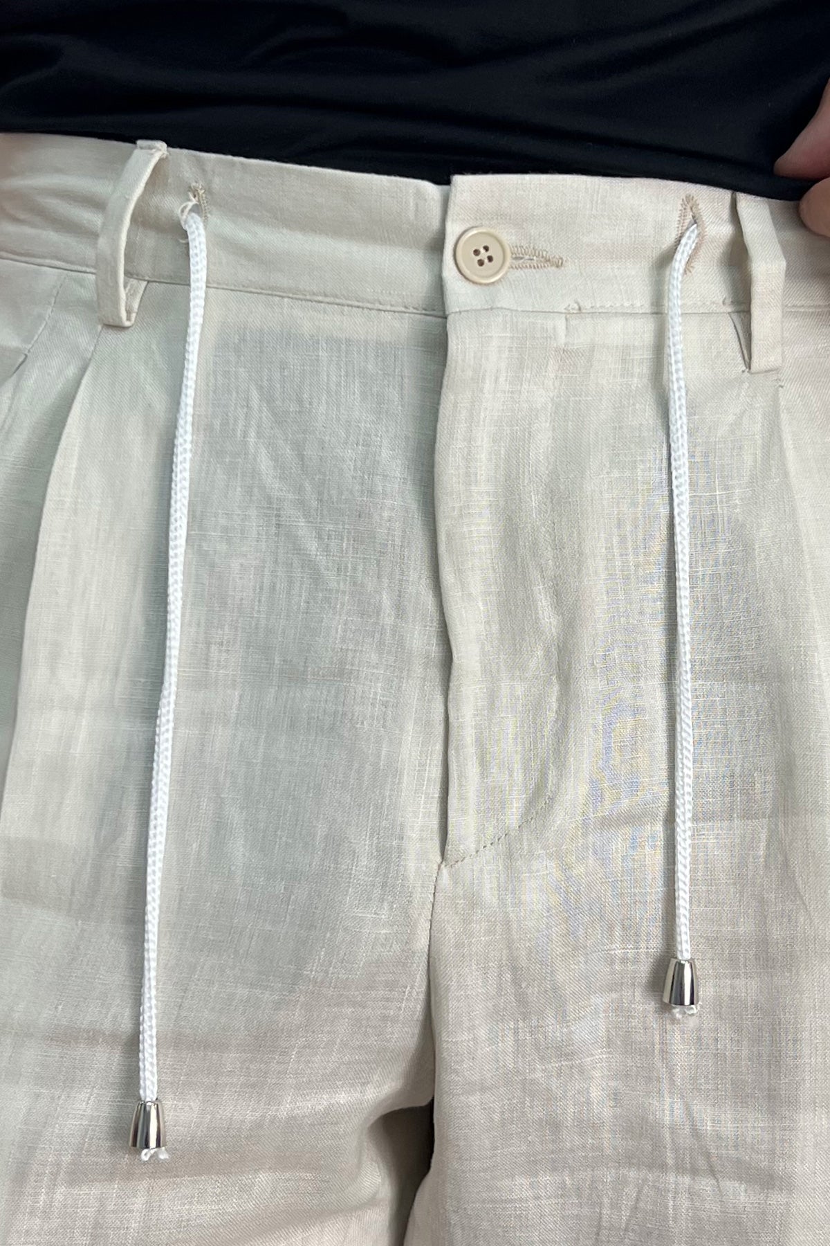 Pantalaccio uomo beige in lino 100% made in italy tasca america con doppia pence e laccio in vita risvolto 5cm