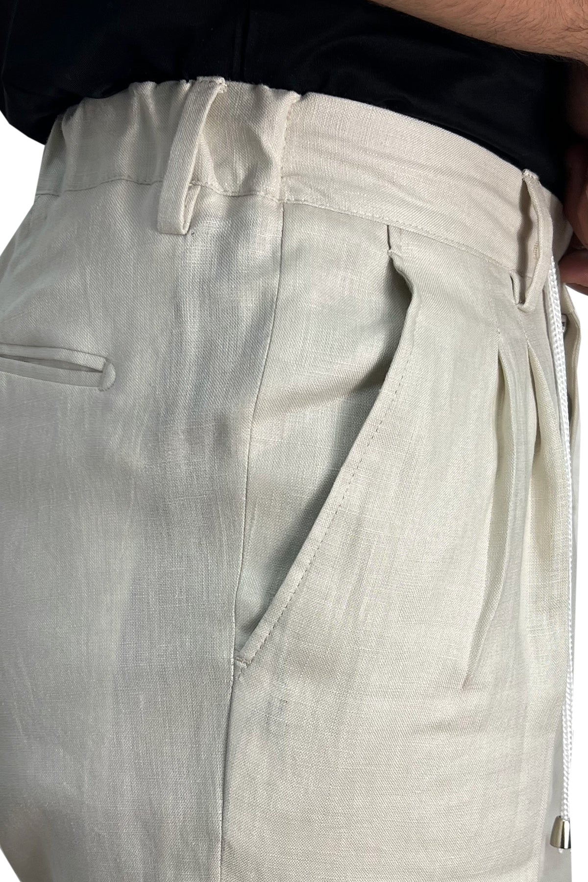 Pantalaccio uomo beige in lino 100% made in italy tasca america con doppia pence e laccio in vita risvolto 5cm