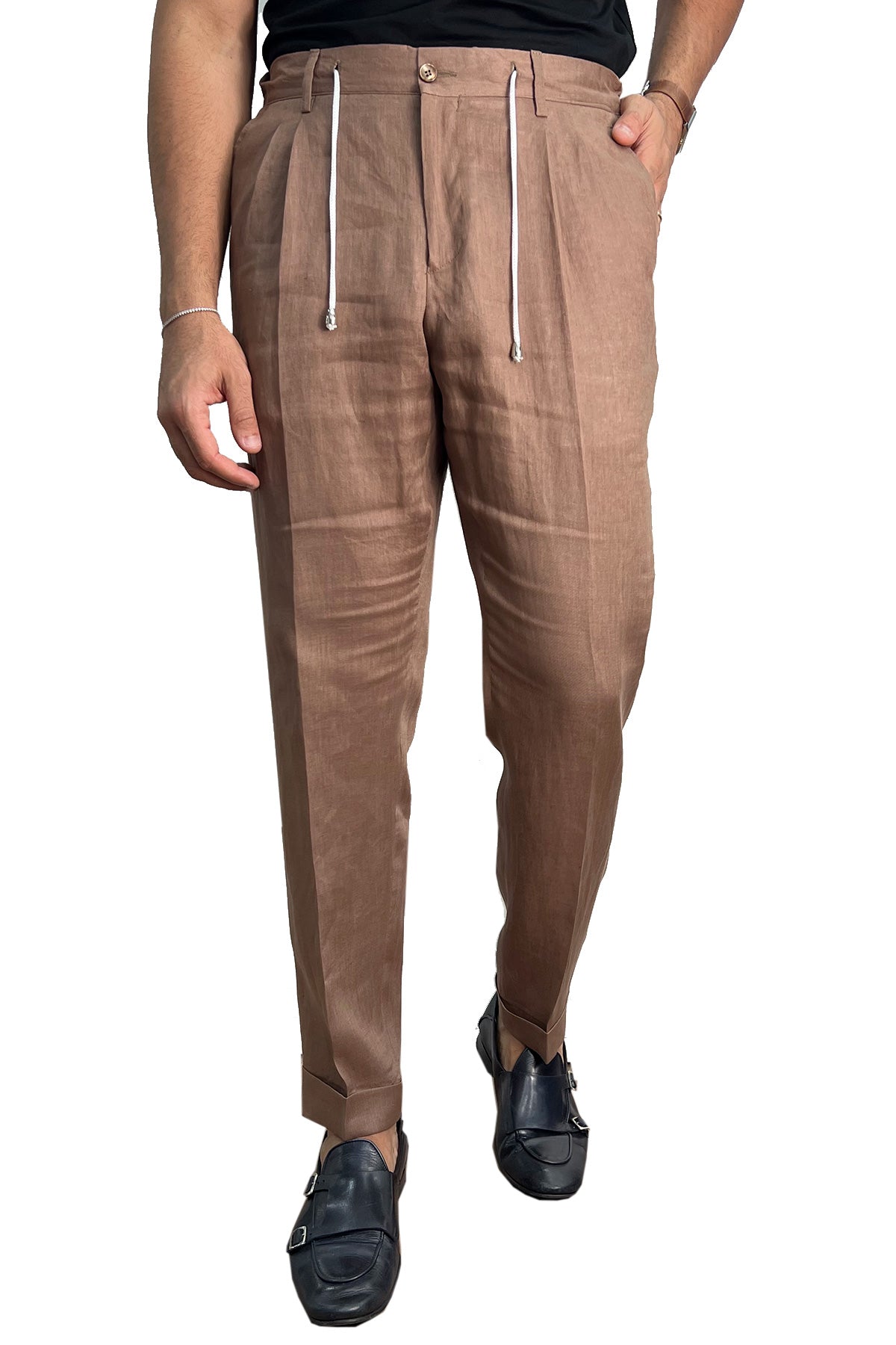 Pantalaccio uomo marrone in lino 100% made in italy tasca america con doppia pence e laccio in vita risvolto 5cm