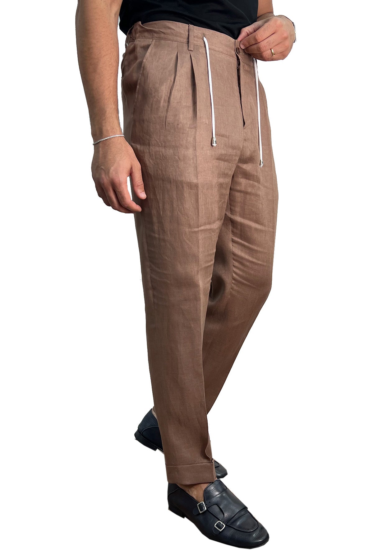 Pantalaccio uomo marrone in lino 100% made in italy tasca america con doppia pence e laccio in vita risvolto 5cm