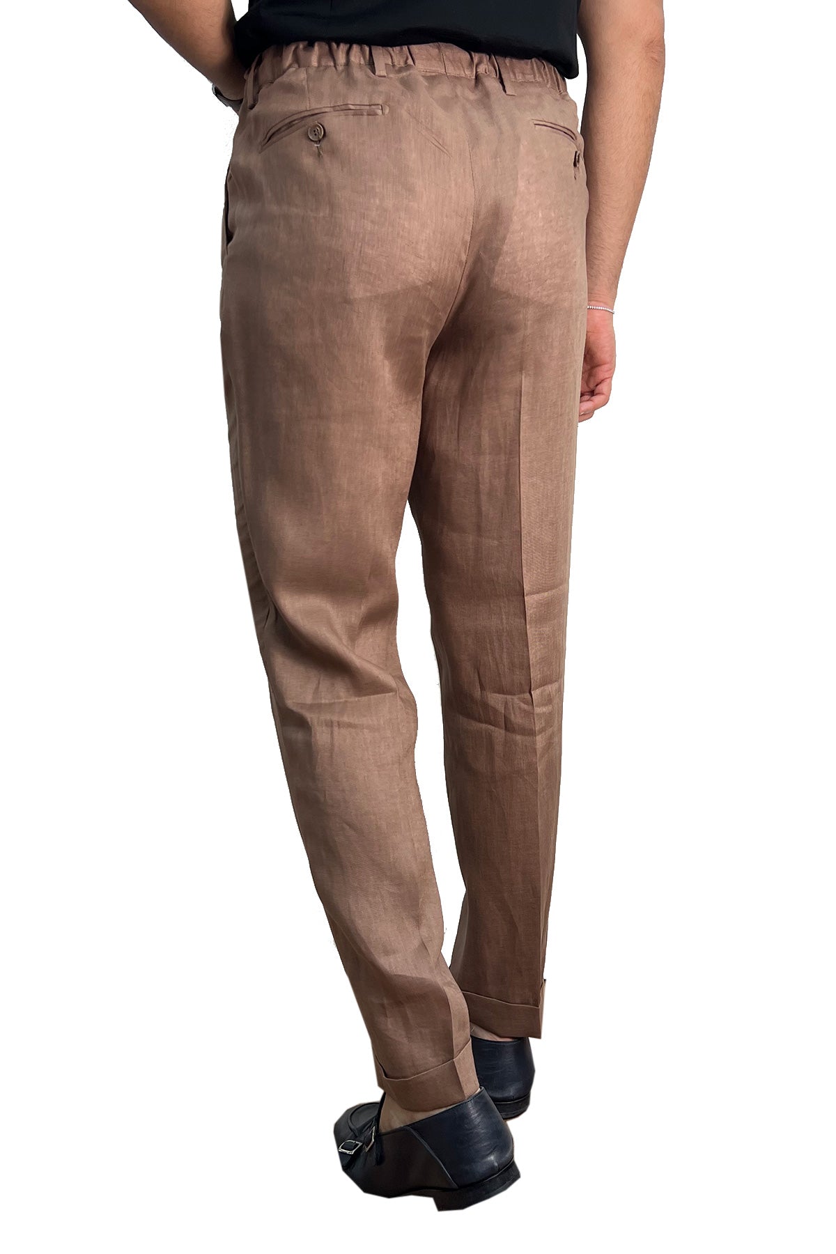 Pantalaccio uomo marrone in lino 100% made in italy tasca america con doppia pence e laccio in vita risvolto 5cm