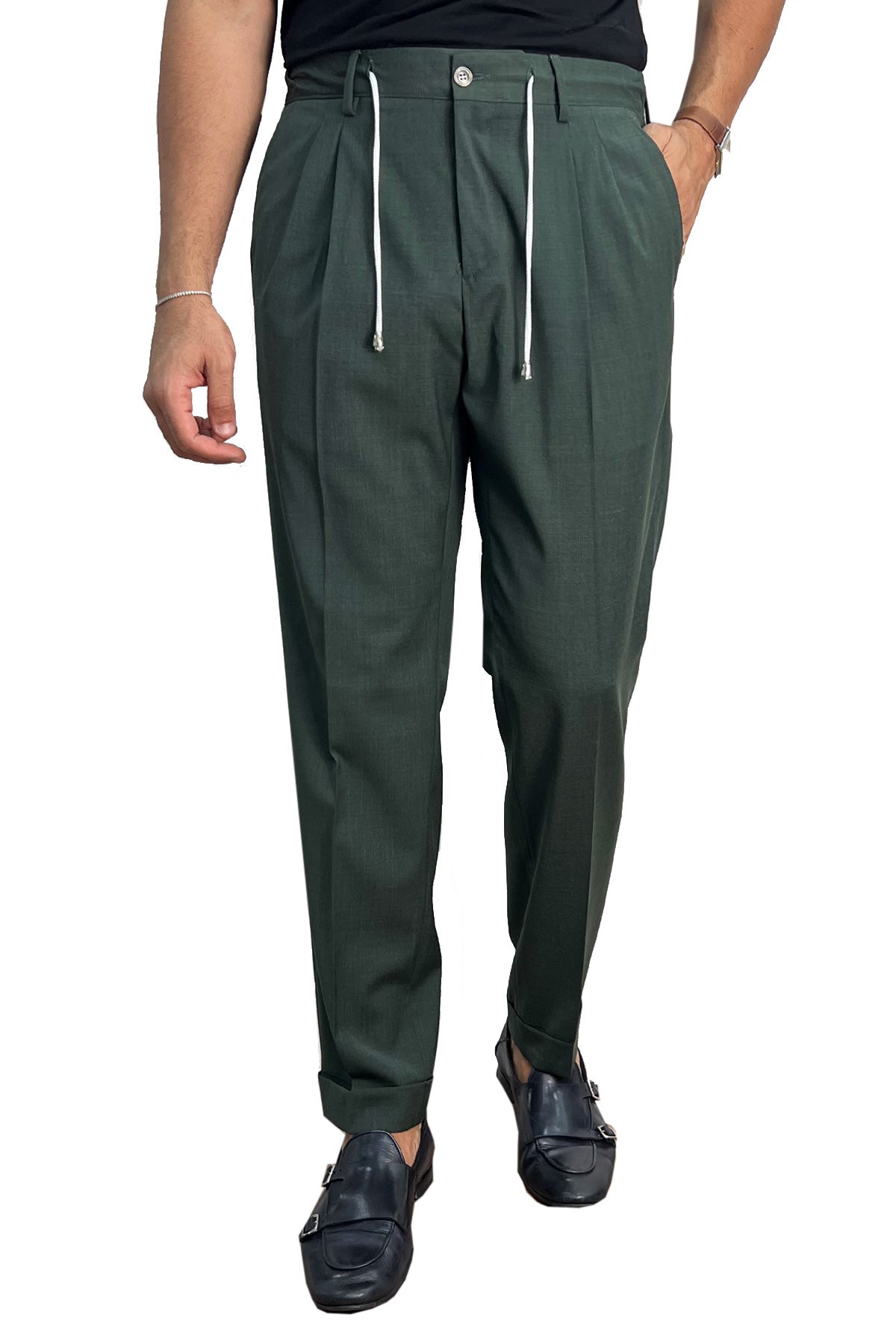 Pantalaccio uomo verde fresco lana misto made in italy tasca america con doppia pence e laccio in vita risvolto 5cm