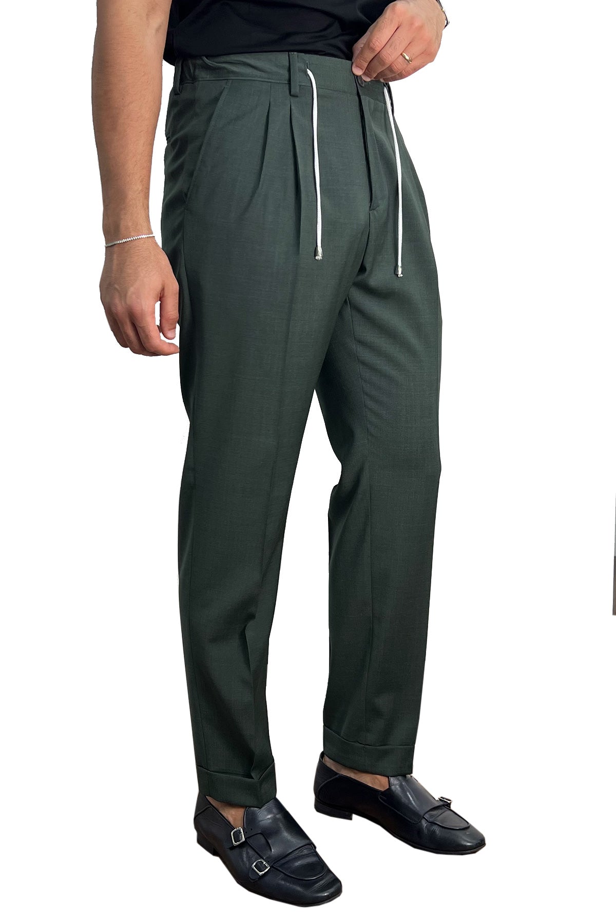 Pantalaccio uomo verde fresco lana misto made in italy tasca america con doppia pence e laccio in vita risvolto 5cm