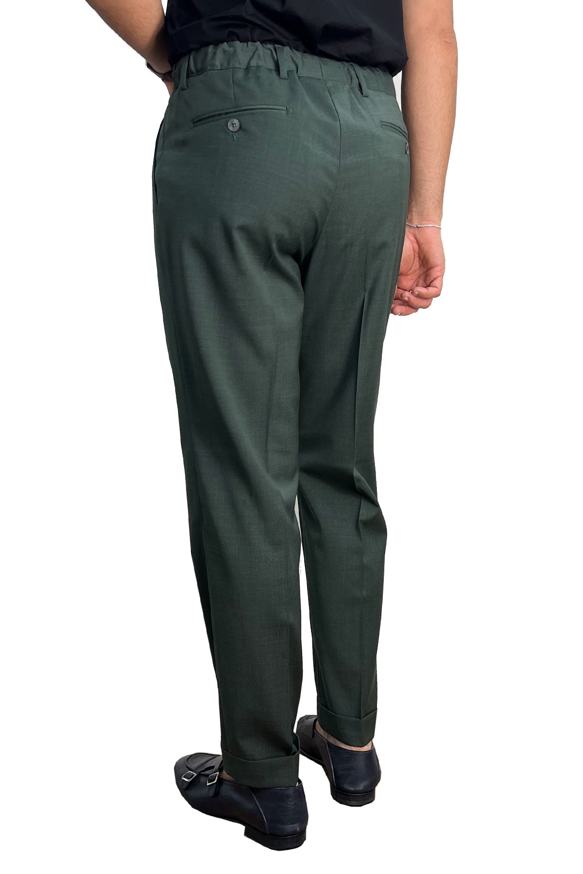 Pantalaccio uomo verde fresco lana misto made in italy tasca america con doppia pence e laccio in vita risvolto 5cm