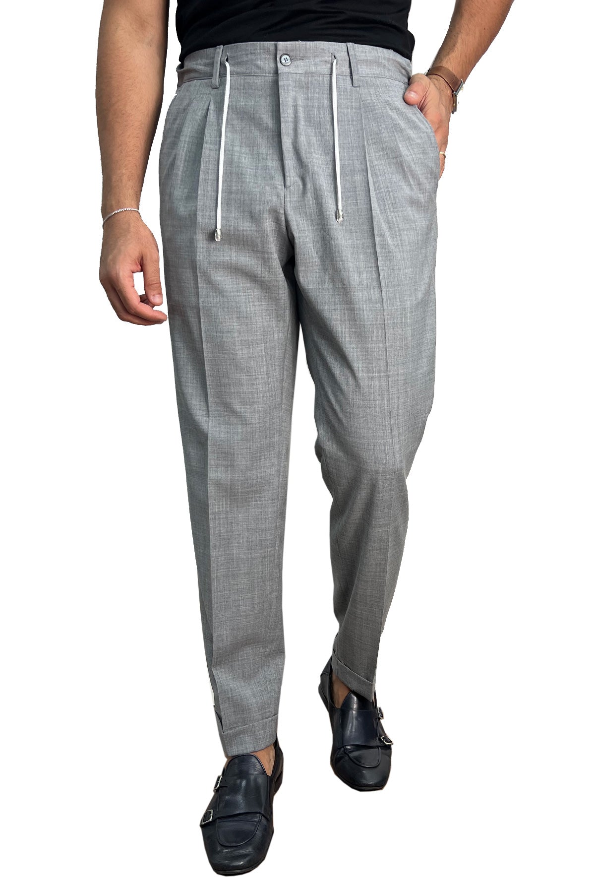 Pantalaccio uomo grigio chiaro fresco lana misto made in italy tasca america con doppia pence e laccio in vita risvolto 5cm