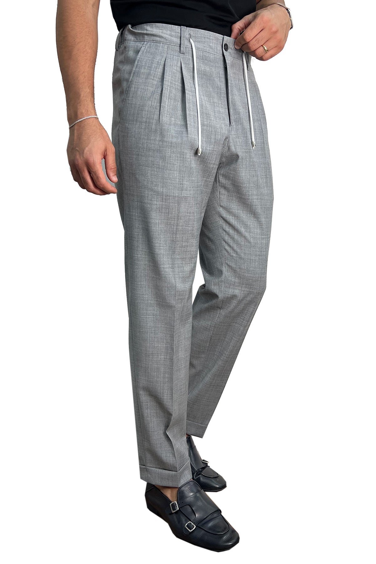 Pantalaccio uomo grigio chiaro fresco lana misto made in italy tasca america con doppia pence e laccio in vita risvolto 5cm